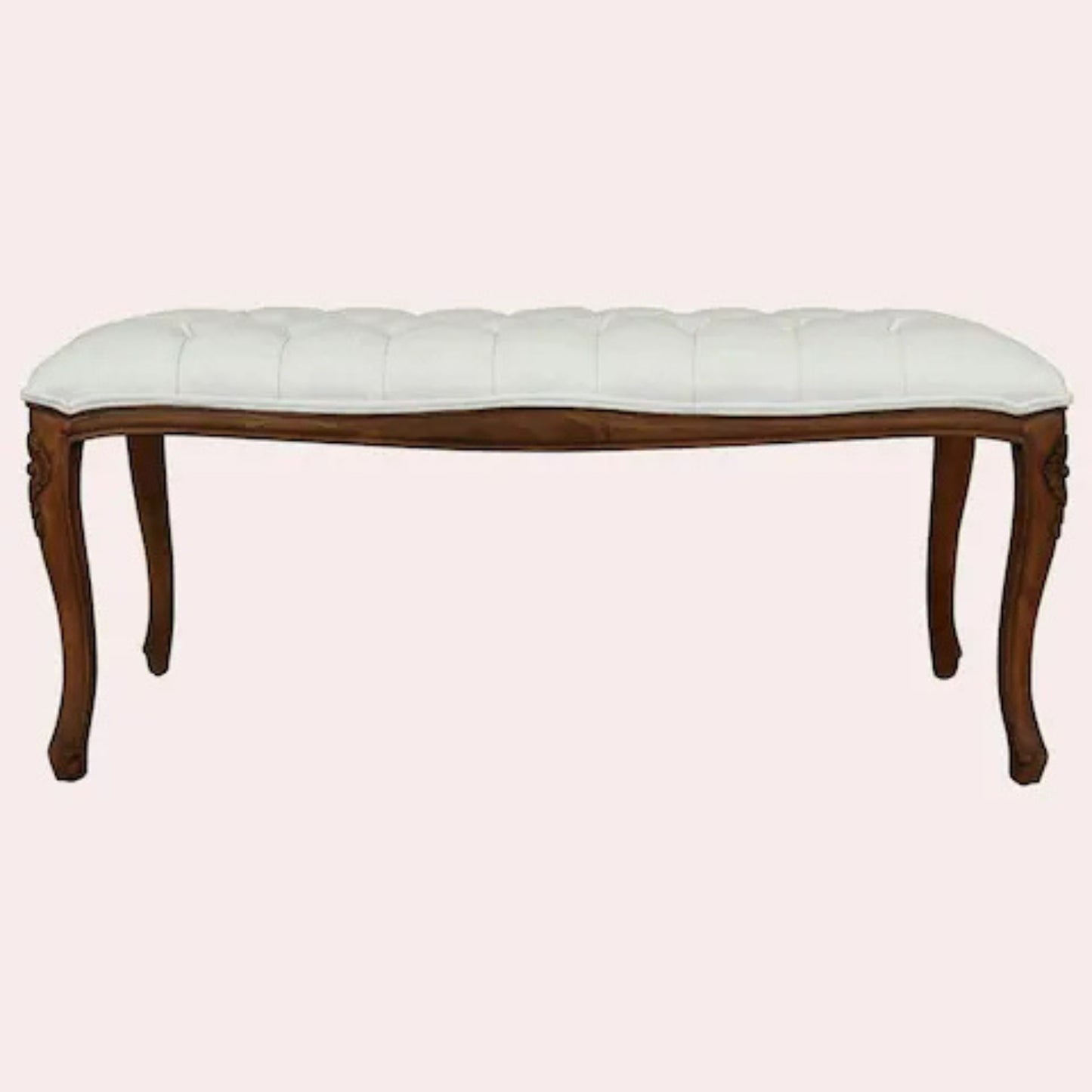 Upholstered bench showcasing a solid wood frame in an aged walnut finish and a beige upholstered top.