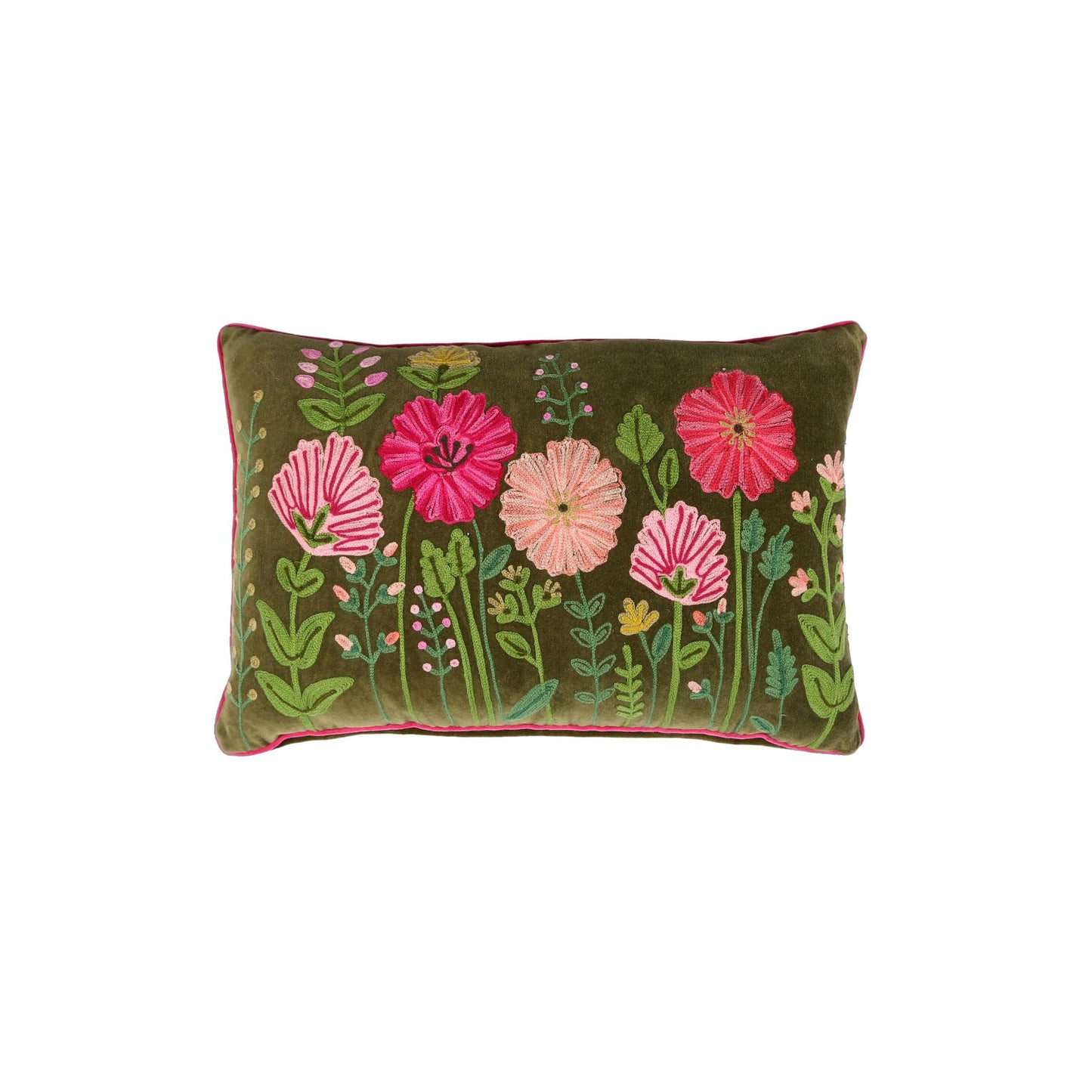 A rectangular moss green velvet cushion with a floral embroidery design featuring prominent pink flowers and detailed foliage.