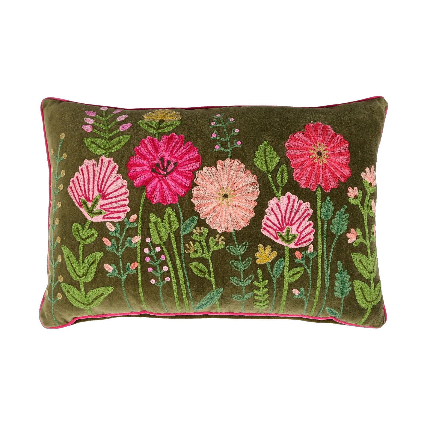 A rectangular moss green velvet cushion with a floral embroidery design featuring prominent pink flowers and detailed foliage.