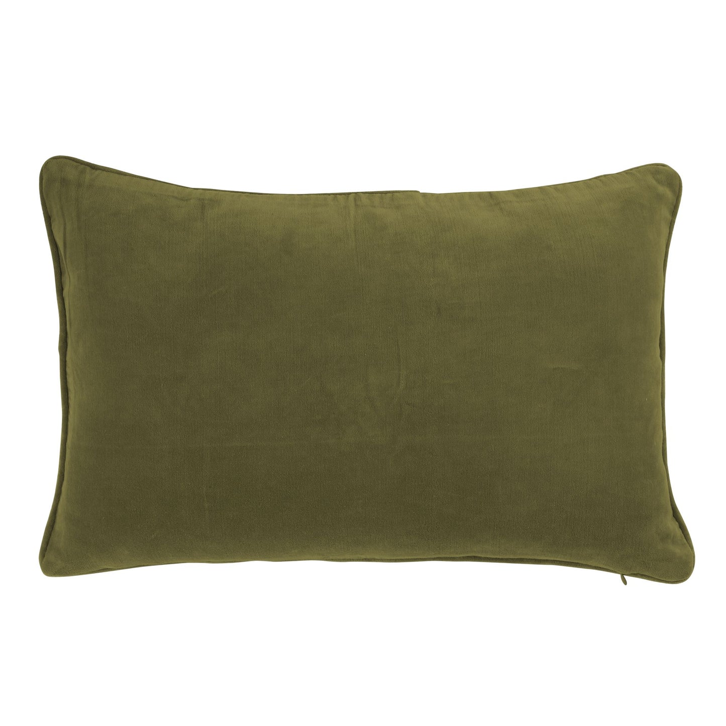 A rectangular moss green velvet cushion back on a white background