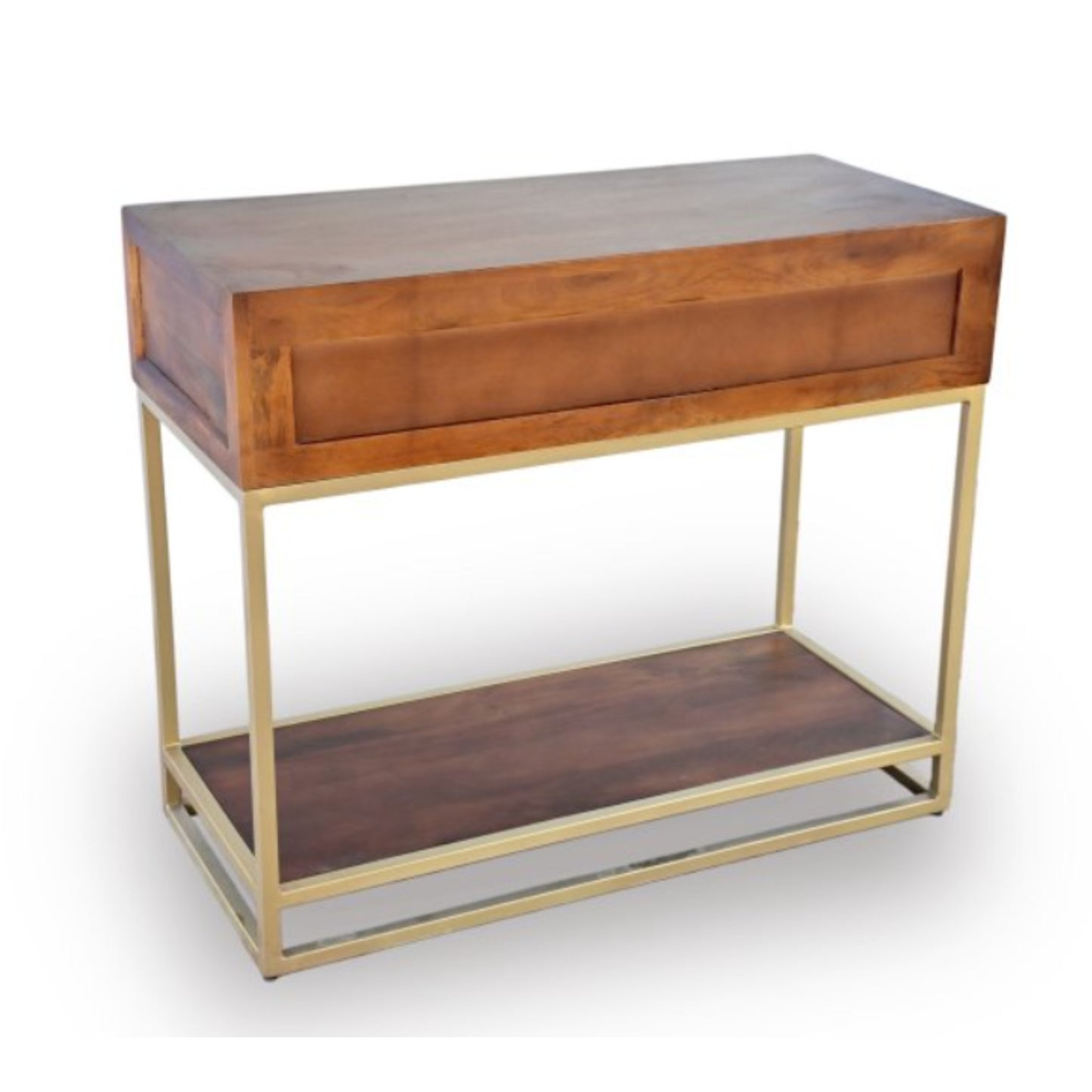 Wooden console table with gold frame on a white background