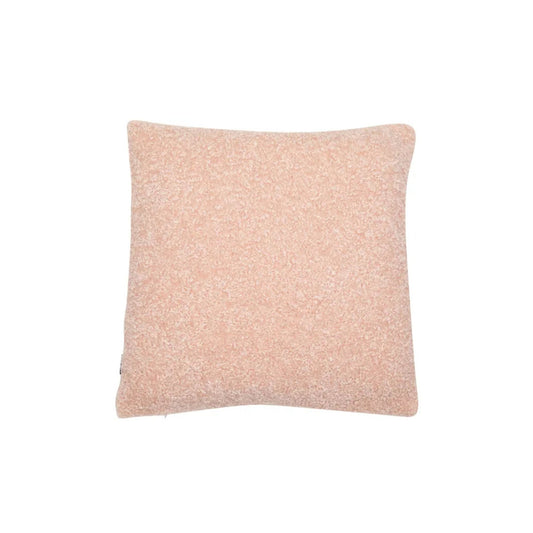 A square-shaped faux fur cushion in a pink color, plush and feather-filled, with a solid pattern.