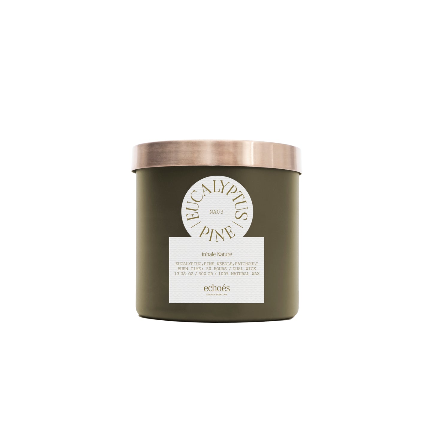 A dark green candle with two wicks labeled 'Eucalyptus & Pine' on a white background.