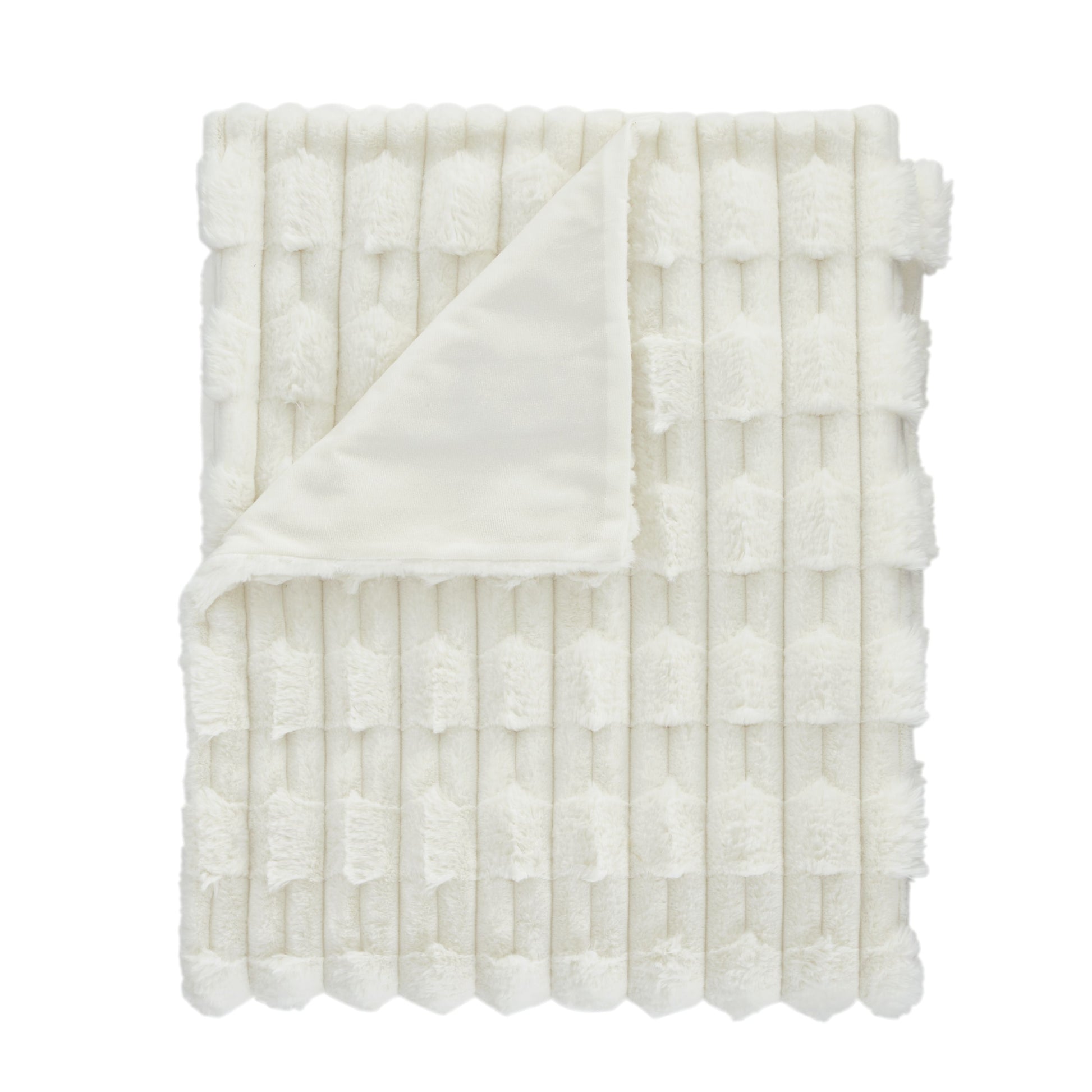 Faux fur cream throw folded on a white background