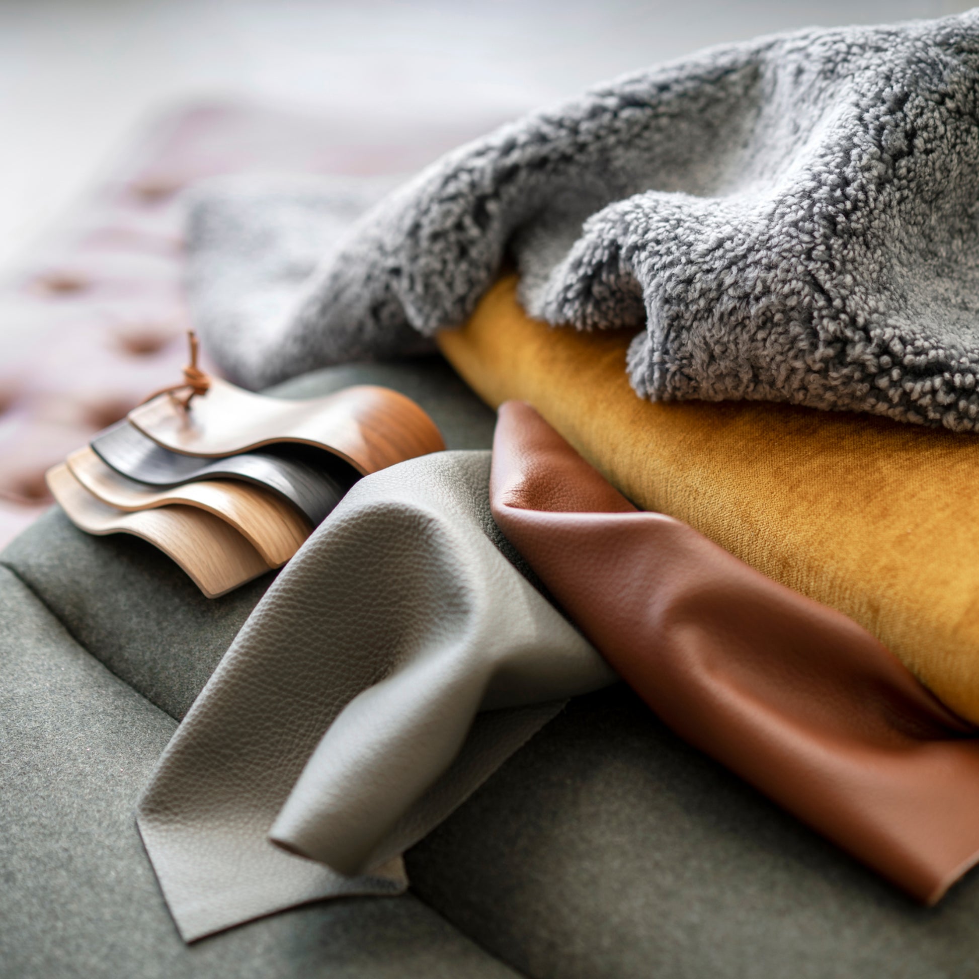 Collection of fabric swatches in various colors on a neutral background