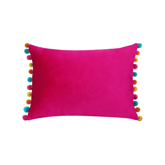 Fia Hot Pink Pom Pom Velvet Cushion