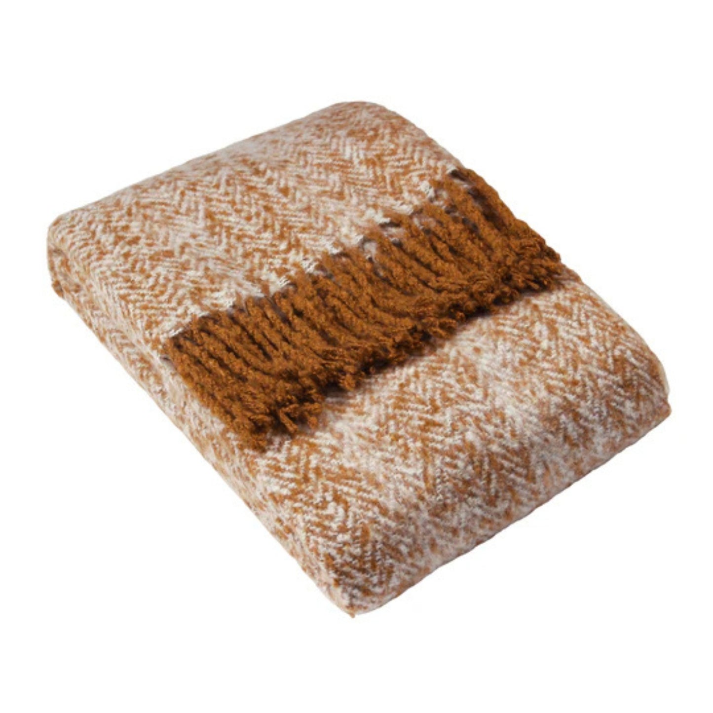 Fringed throw blanket with gold and beige herringbone pattern on a white background