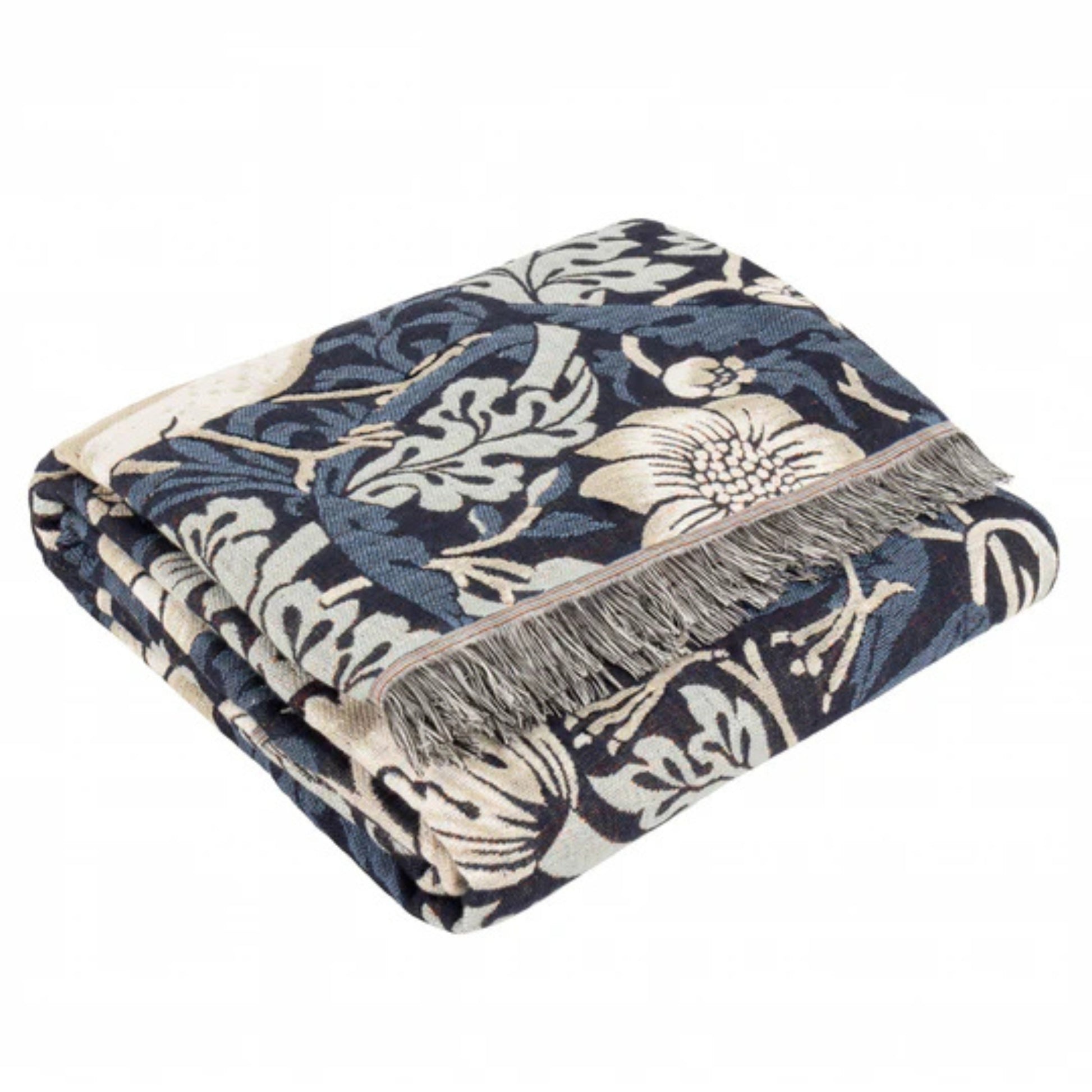 Floral patterned throw blanket with fringes on a white background