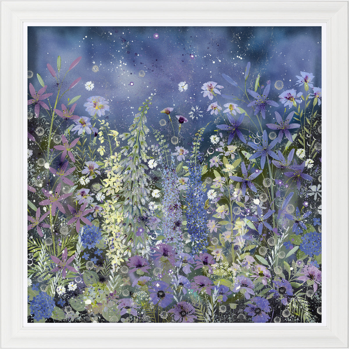 A framed canvas art piece featuring a vibrant print of wildflowers with a white square frame.