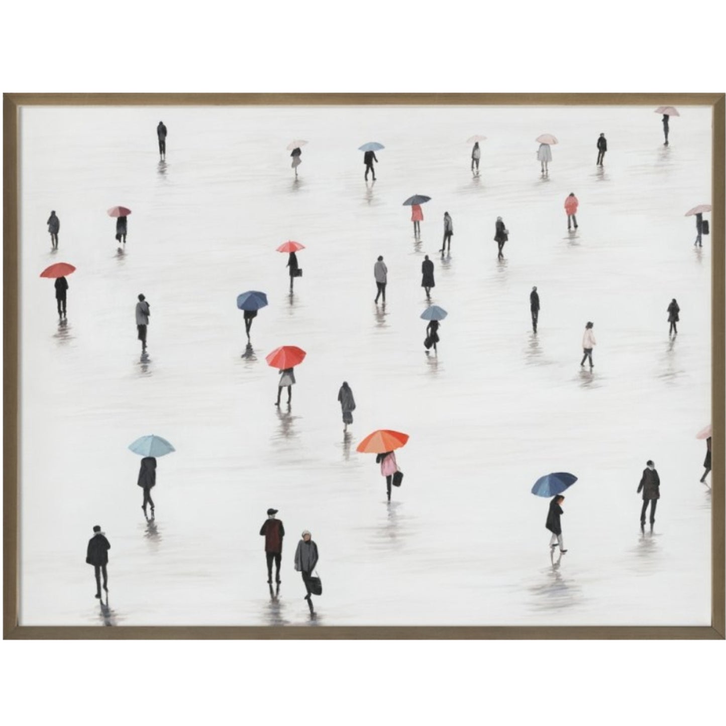 Framed artwork of people with umbrellas on a white background