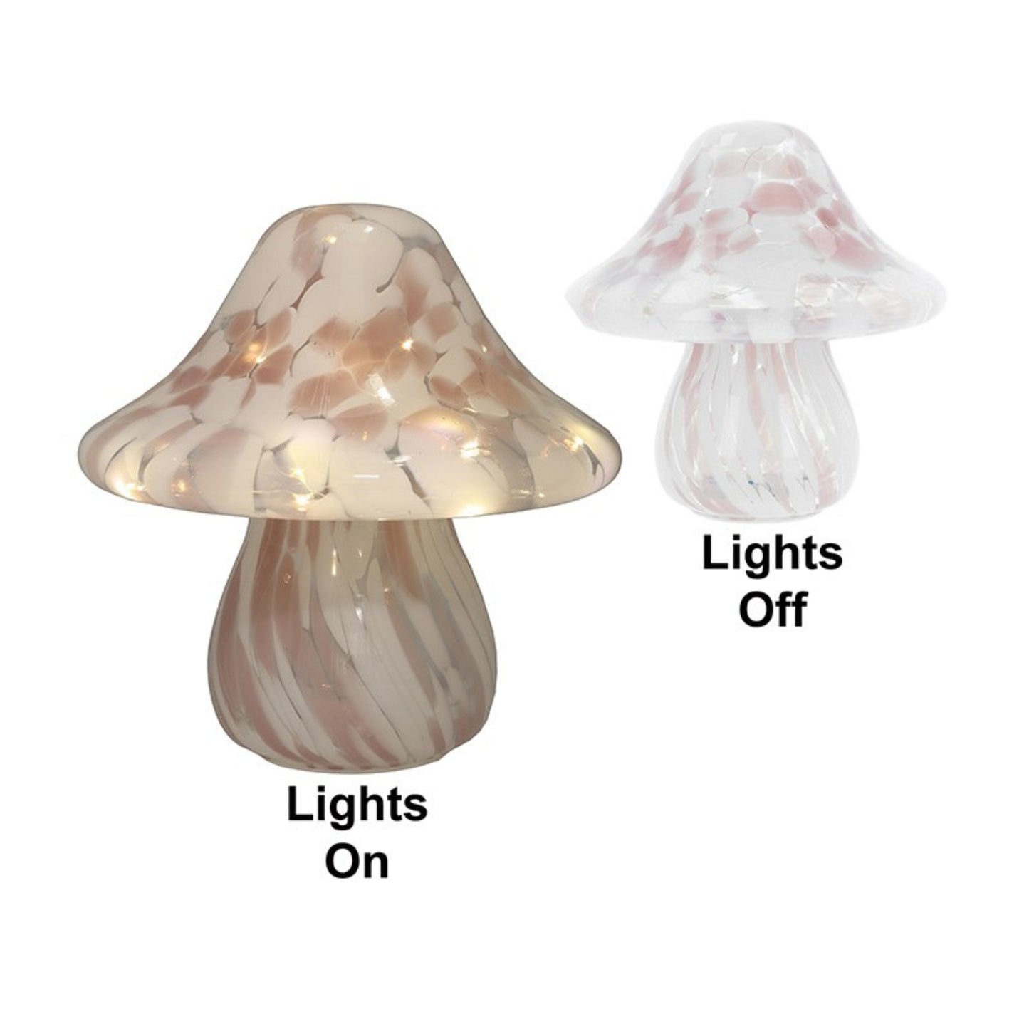 Two mushroom-shaped lamps, one lit and one not, on a white background.