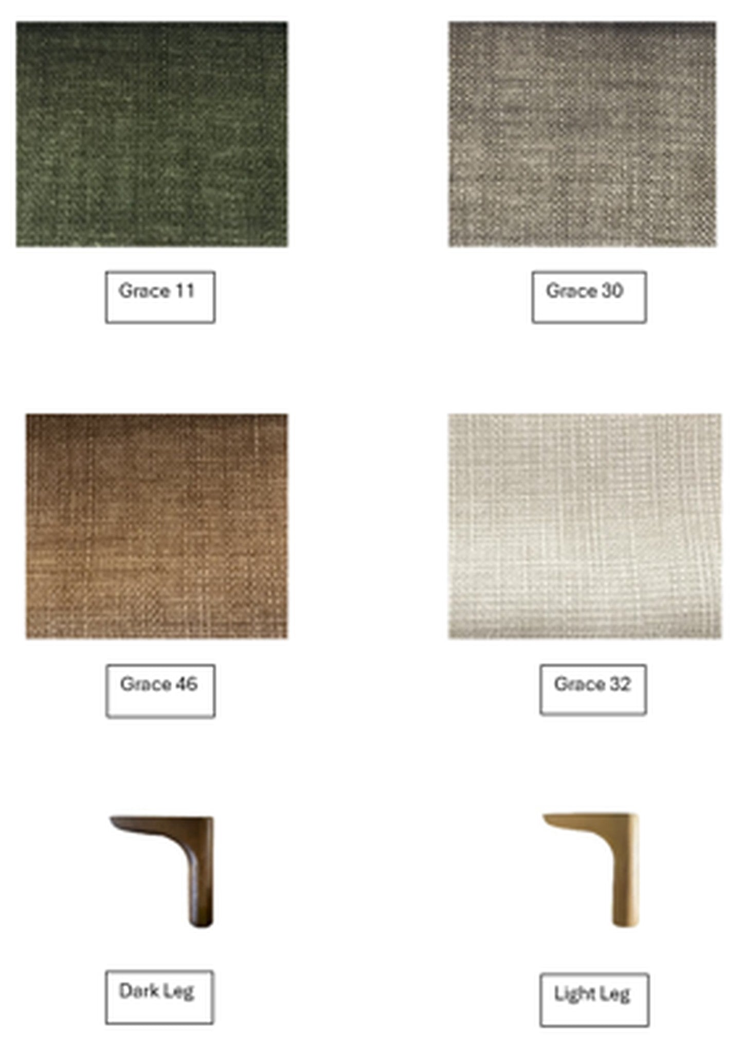 A product catalog grid showing six different wood-look trim or panel samples, each labeled with a color name and code (e.g.