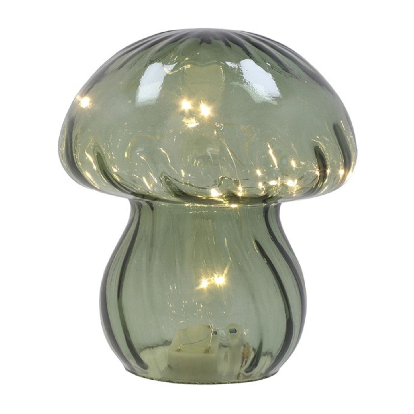 Mushroom-shaped glass lamp with LED lights on a white background