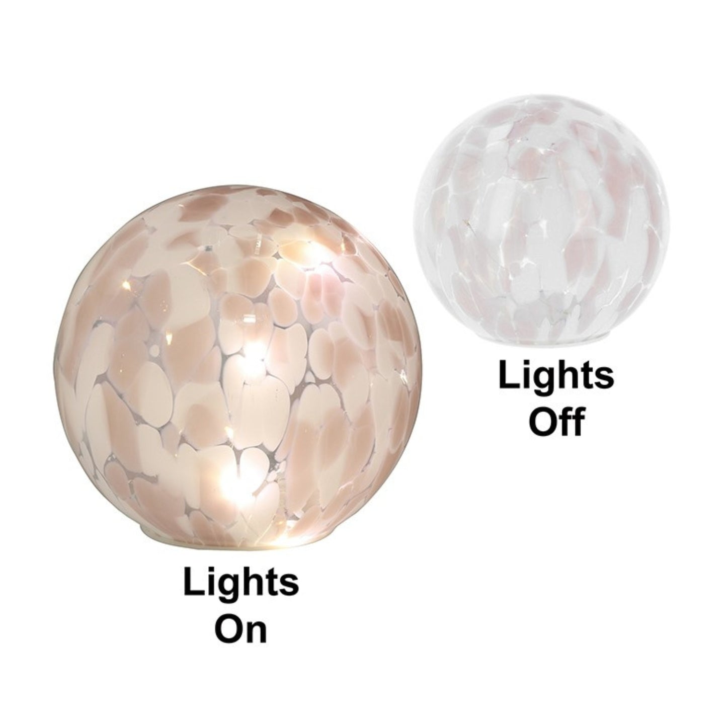 Handblown Glass Ball Led Lamp Pink on white background with lights on and lights off