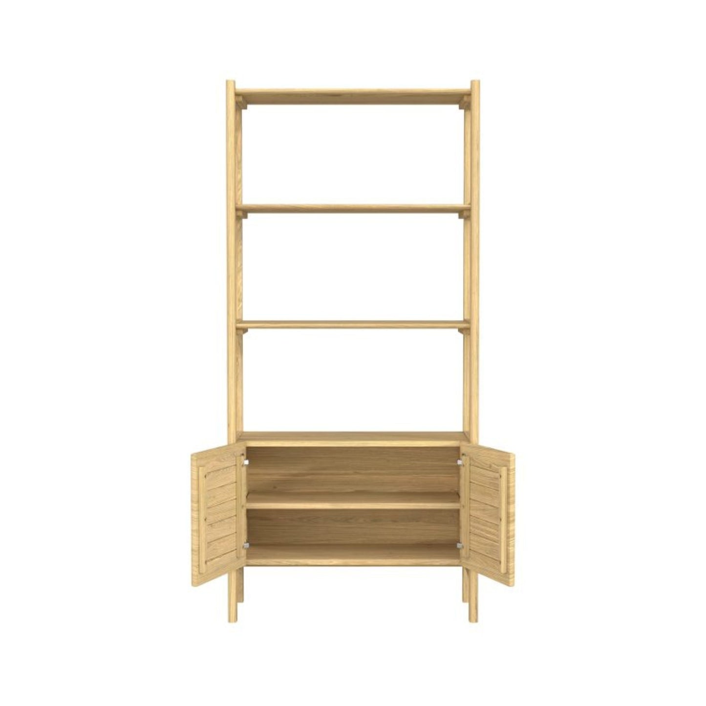 Wooden shelf with three shelves and two doors on a white background