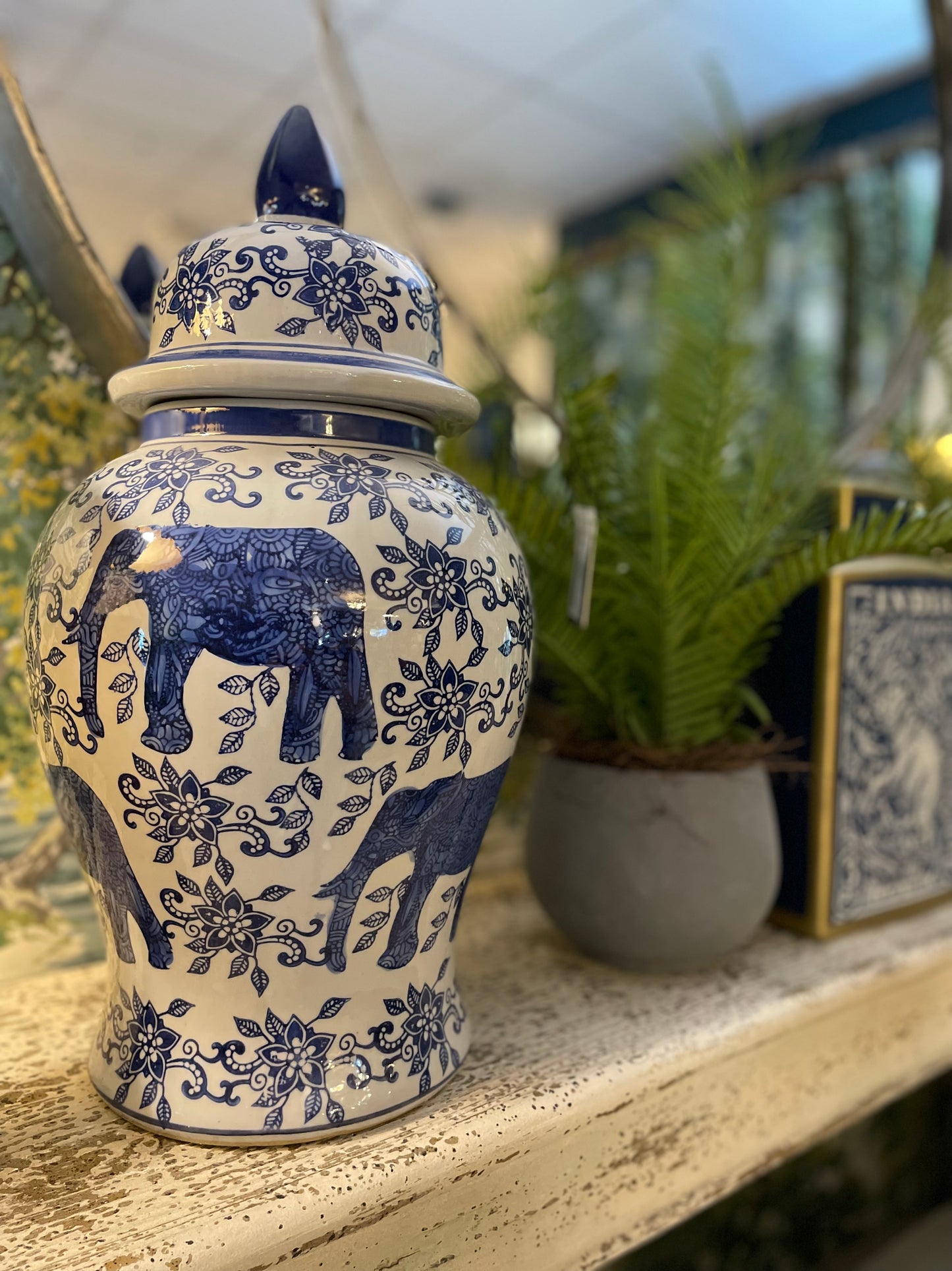 BLUE & WHITE ELEPHANT TEMPLE JAR