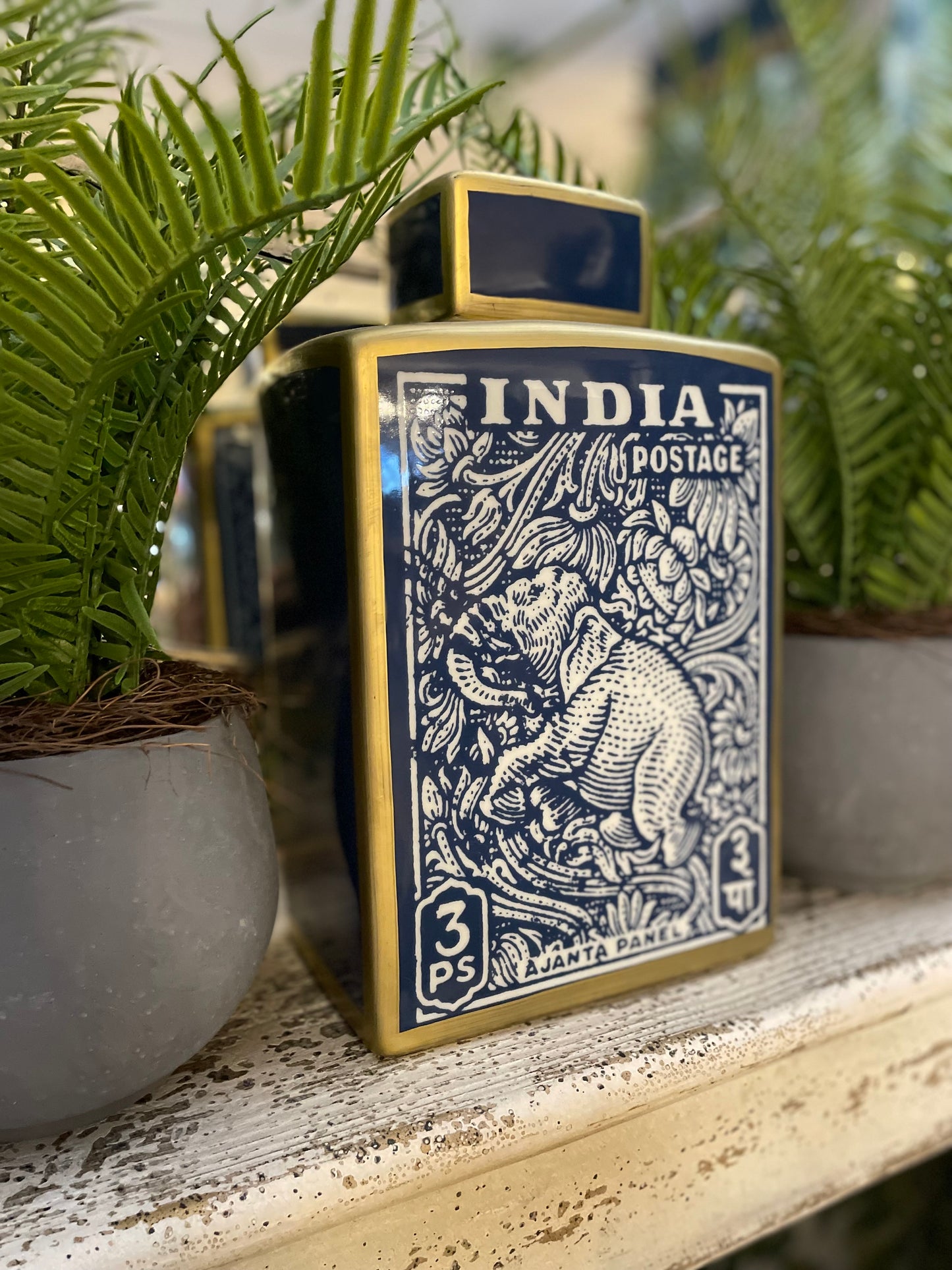 ELEPHANT POSTAGE STAMP DESIGN NAVY & GOLD JAR