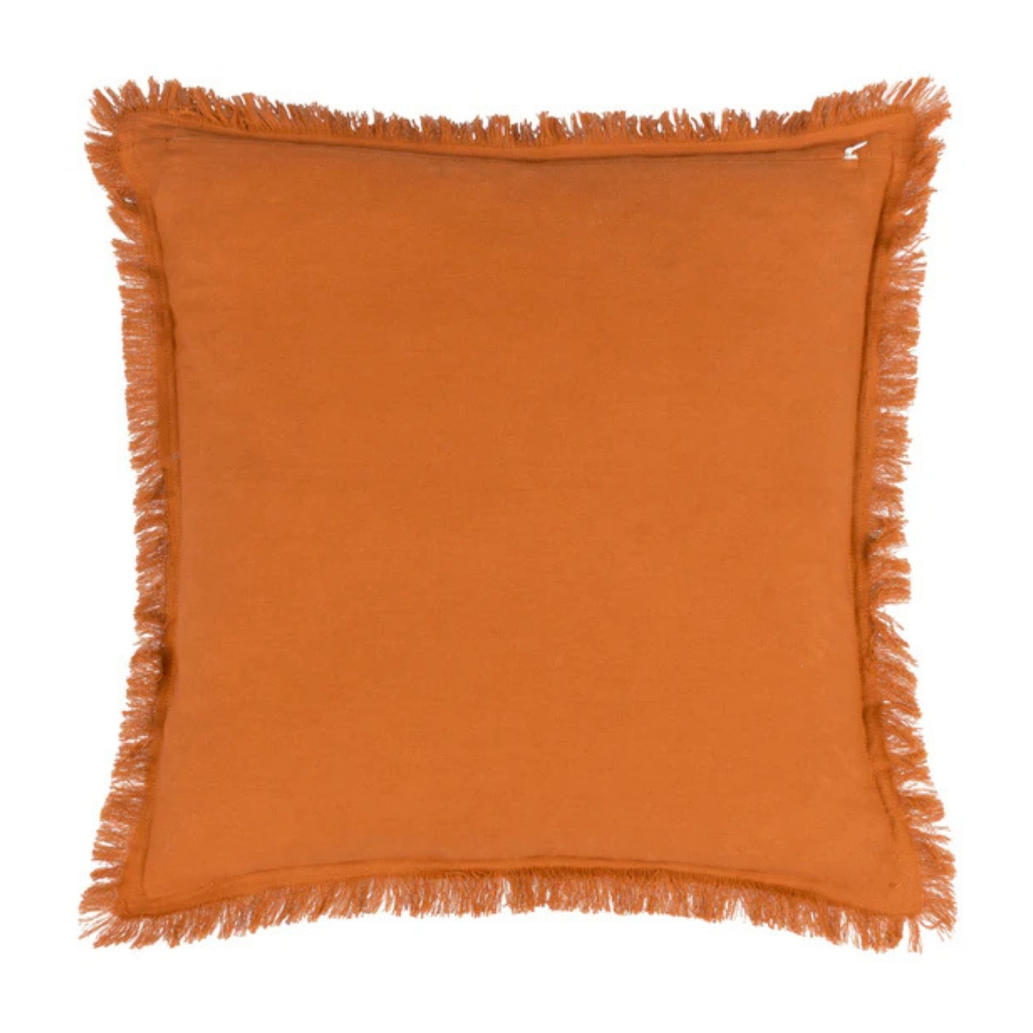 Orange pillow with frayed edges on a white background