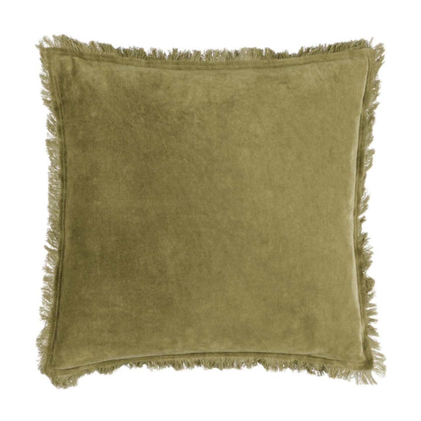 Green fringed square cushion on a white background