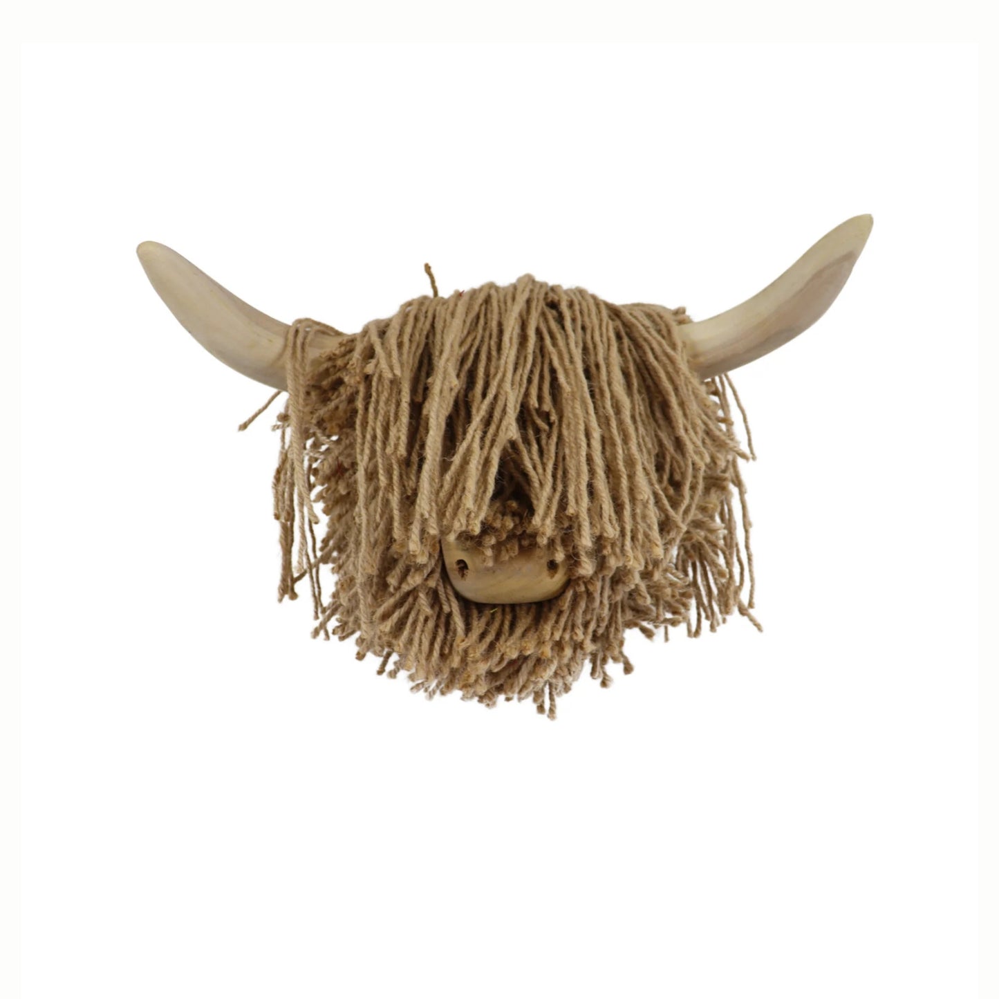 Decorative wall hanging of a highland cow head with jute hair on a white background
