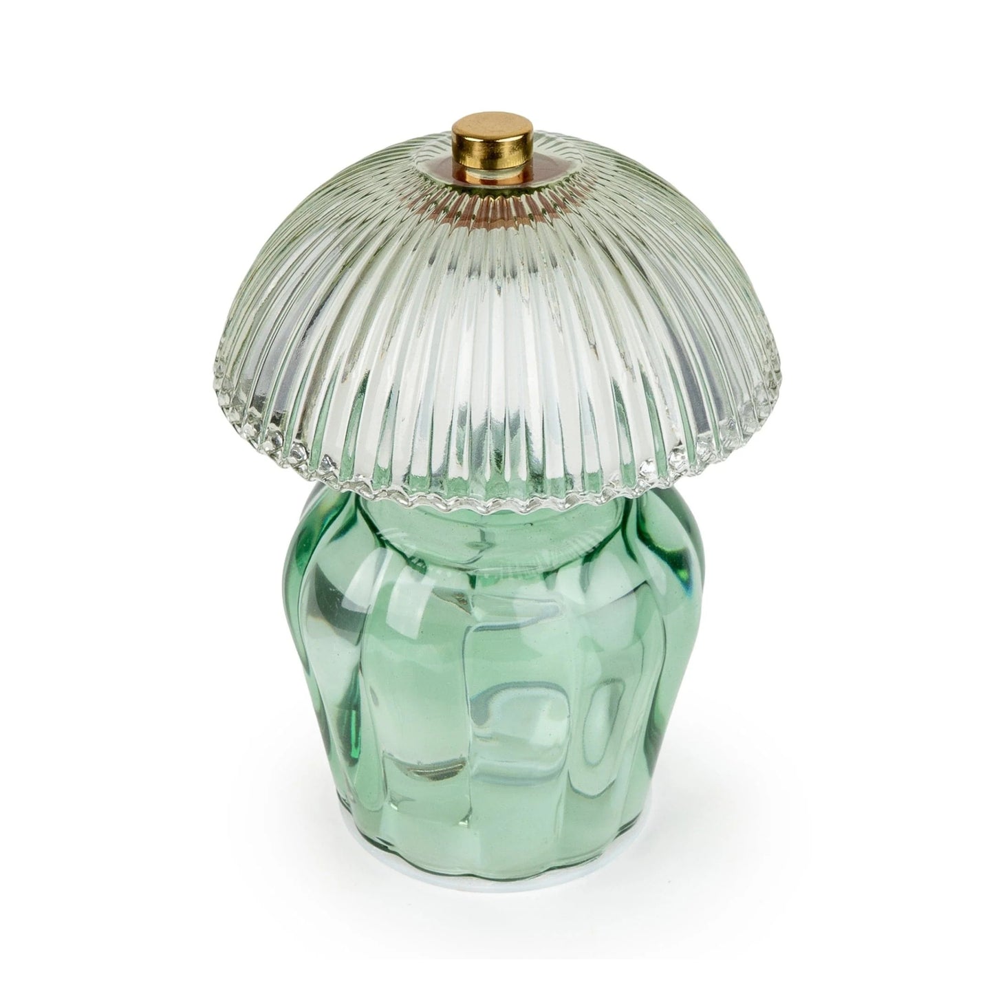 Green glass jar with ribbed design and gold lid on a white background