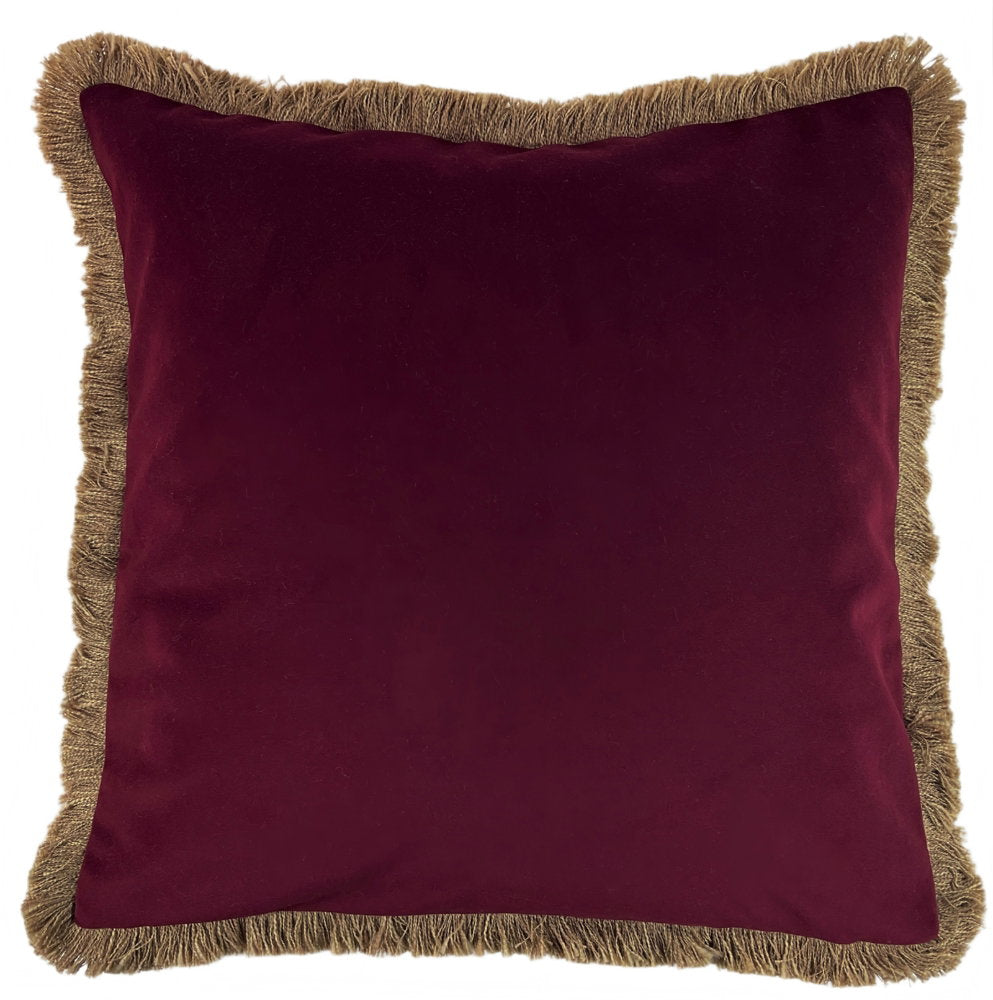 Verona Claret Velvet Cushion with natural fringe