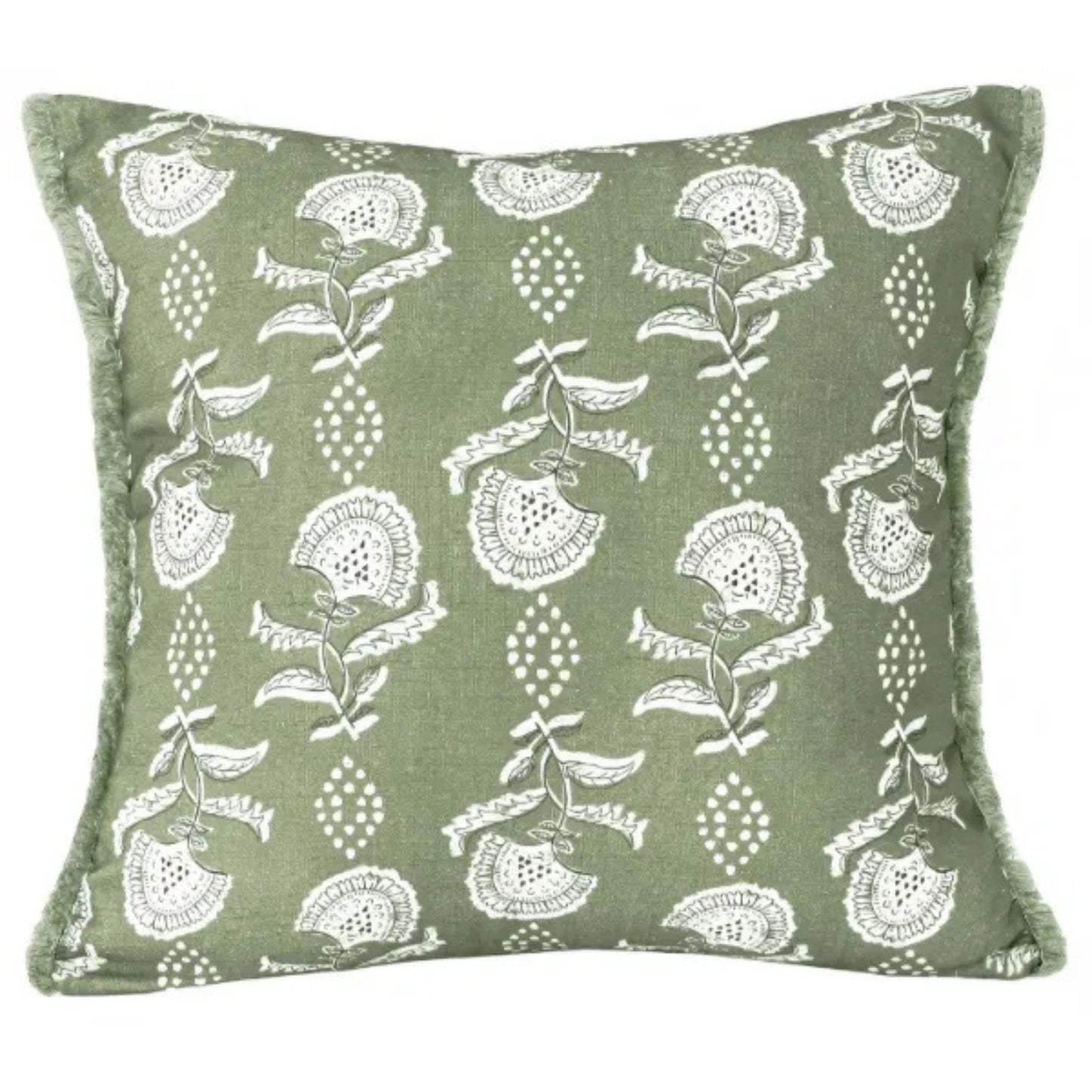 Green pillow with white floral pattern on a white background