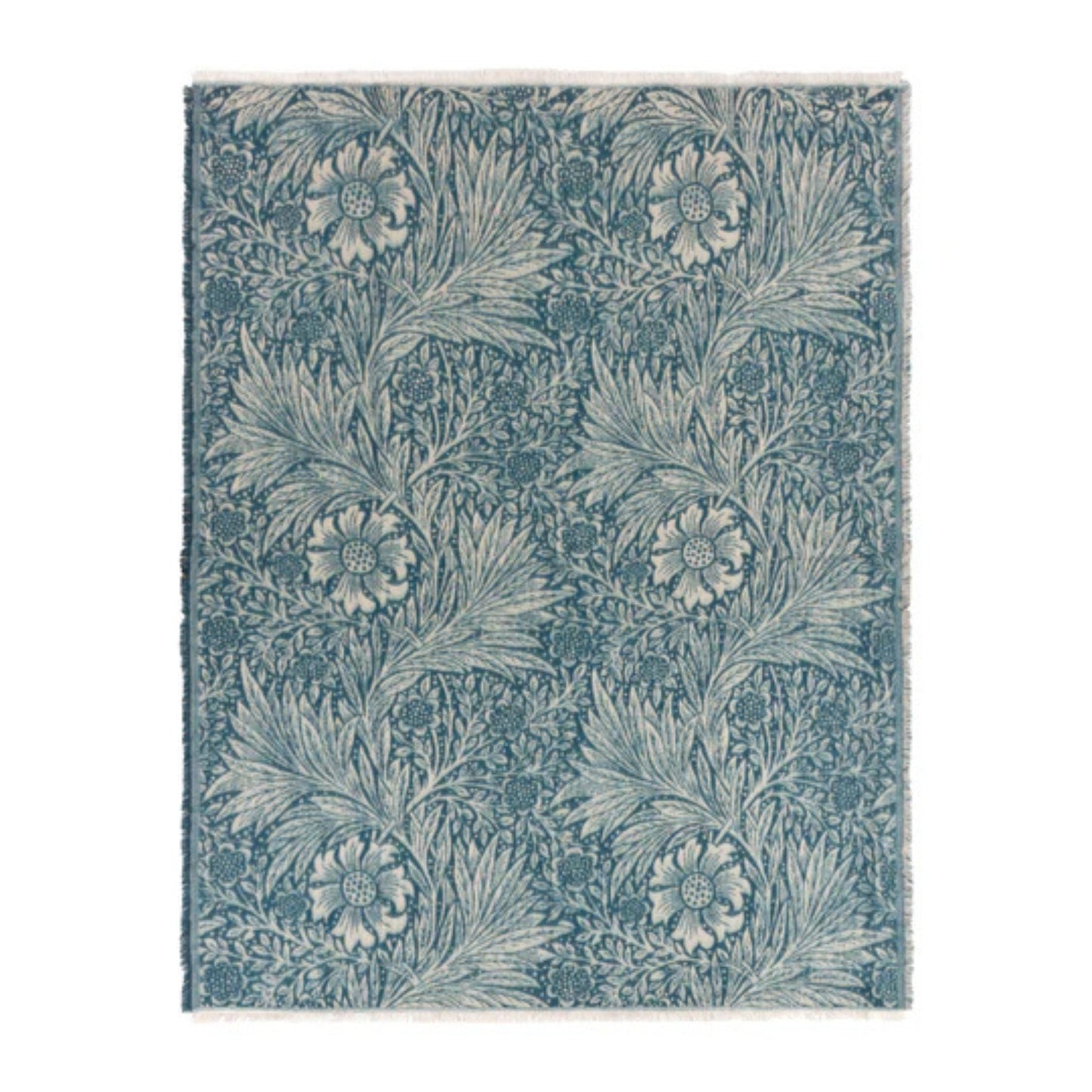 Floral patterned rug with indigo blue and cream colours on a white background