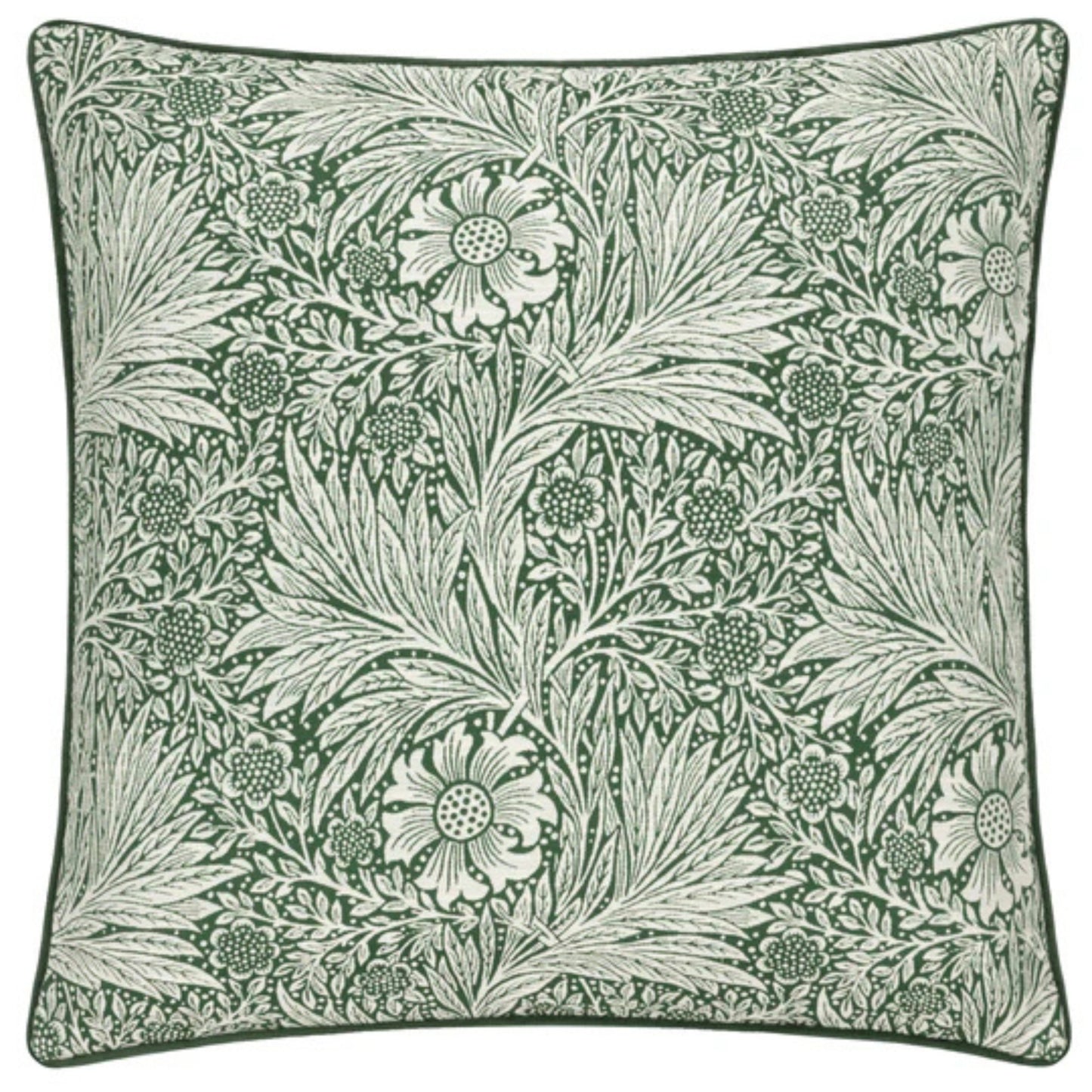 Decorative pillow with floral and leaf pattern in green on a white background