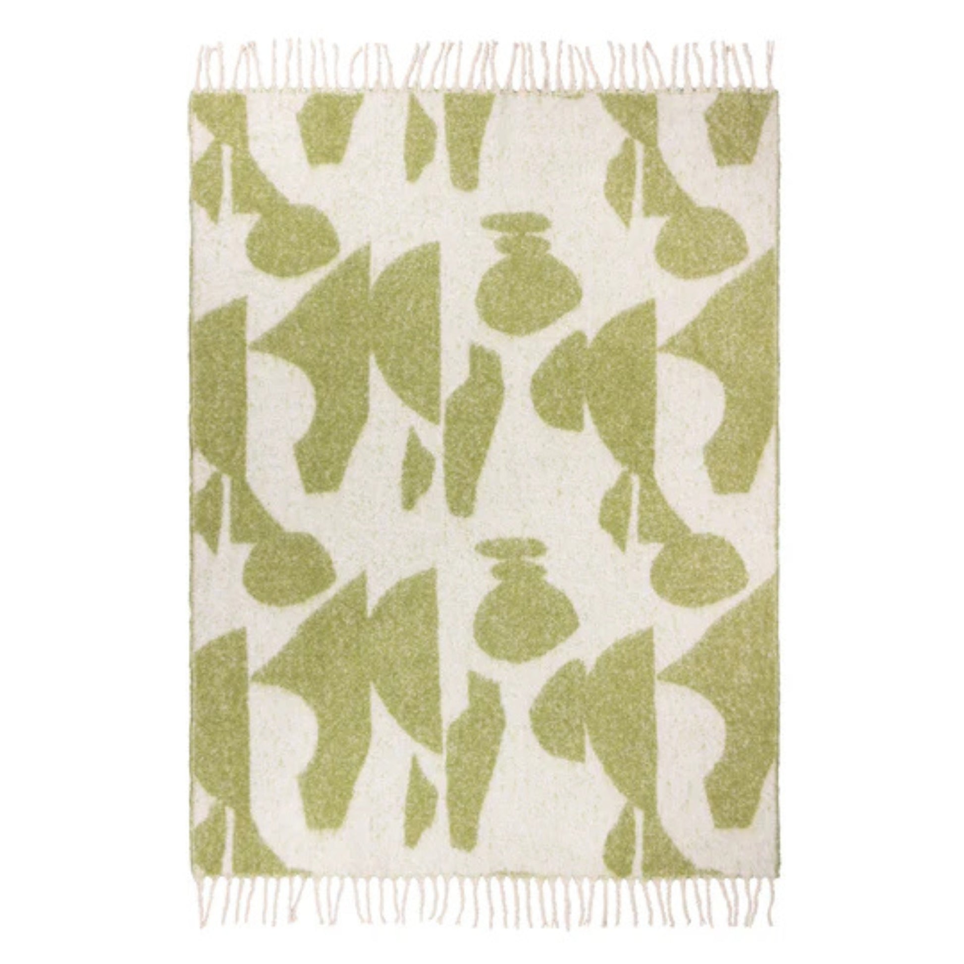 Green and white patterned throw blanket on a white background
