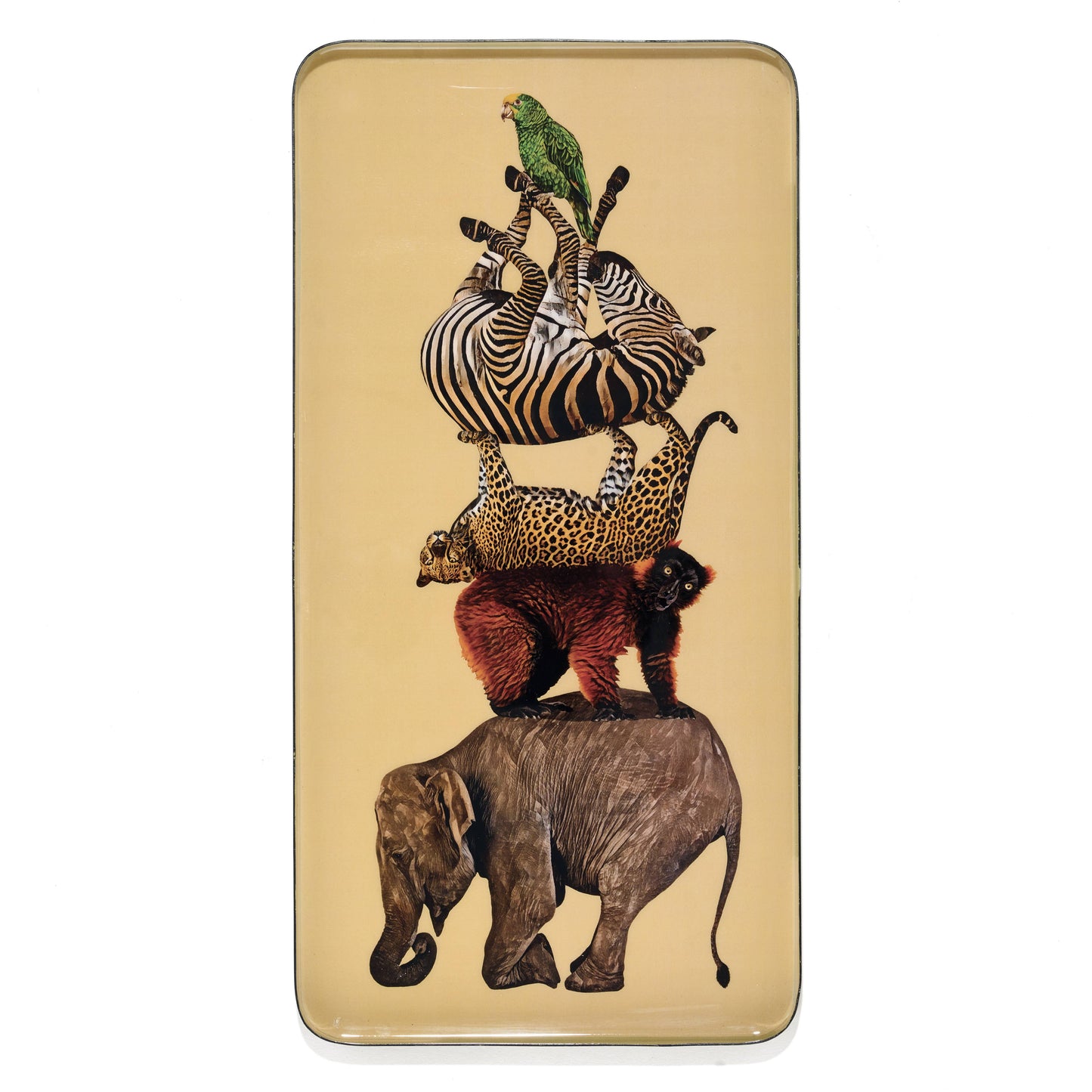 A decorative metal tray with a humorous stacked animal design on the bottom, including a zebra, leopard, and elephant, on a yellow background.