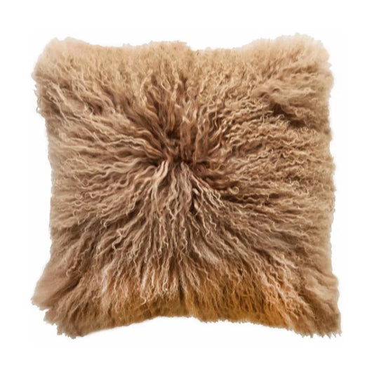 Taupe fluffy mongolian wool pillow on a white background