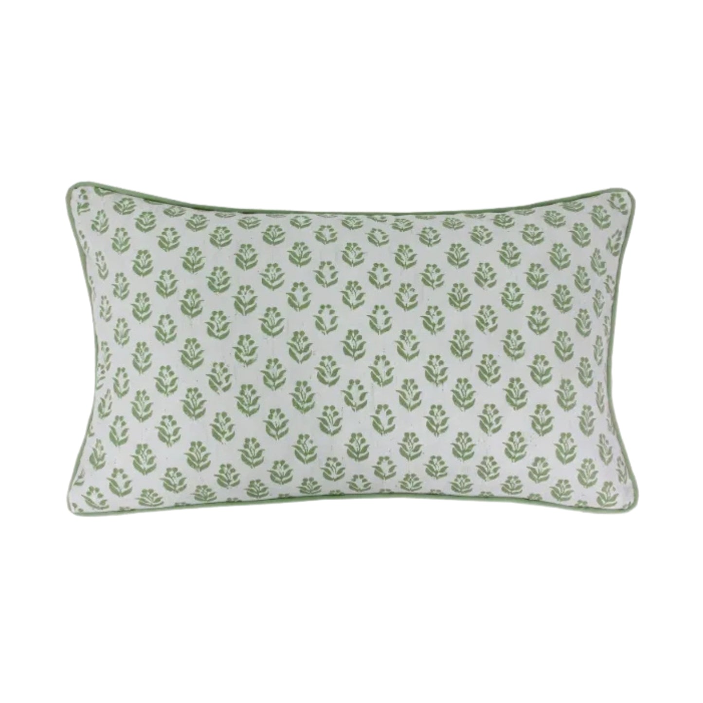 Rectangular pillow with green leaf pattern on a white background