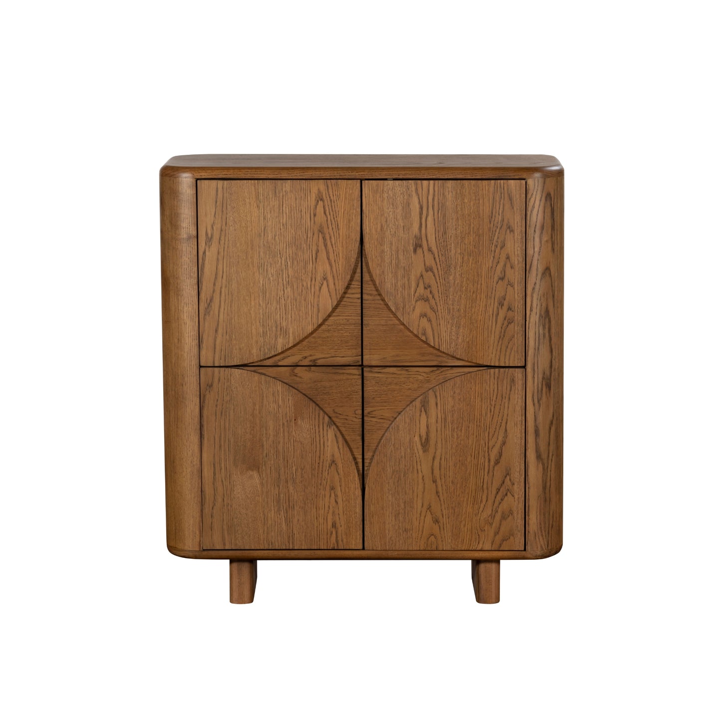 Wooden oak cabinet with geometric design on a white background