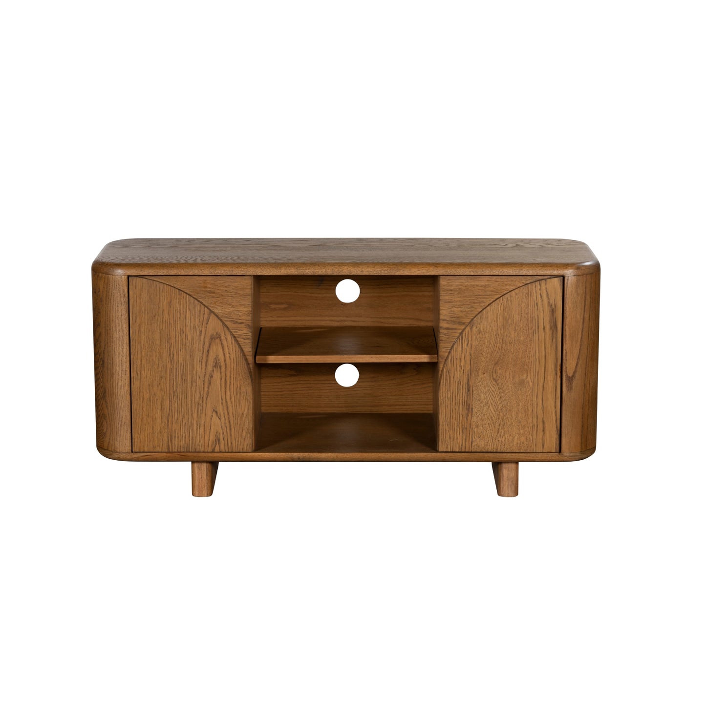 Oak wood tv unit with open shelves and doors each side on a white background