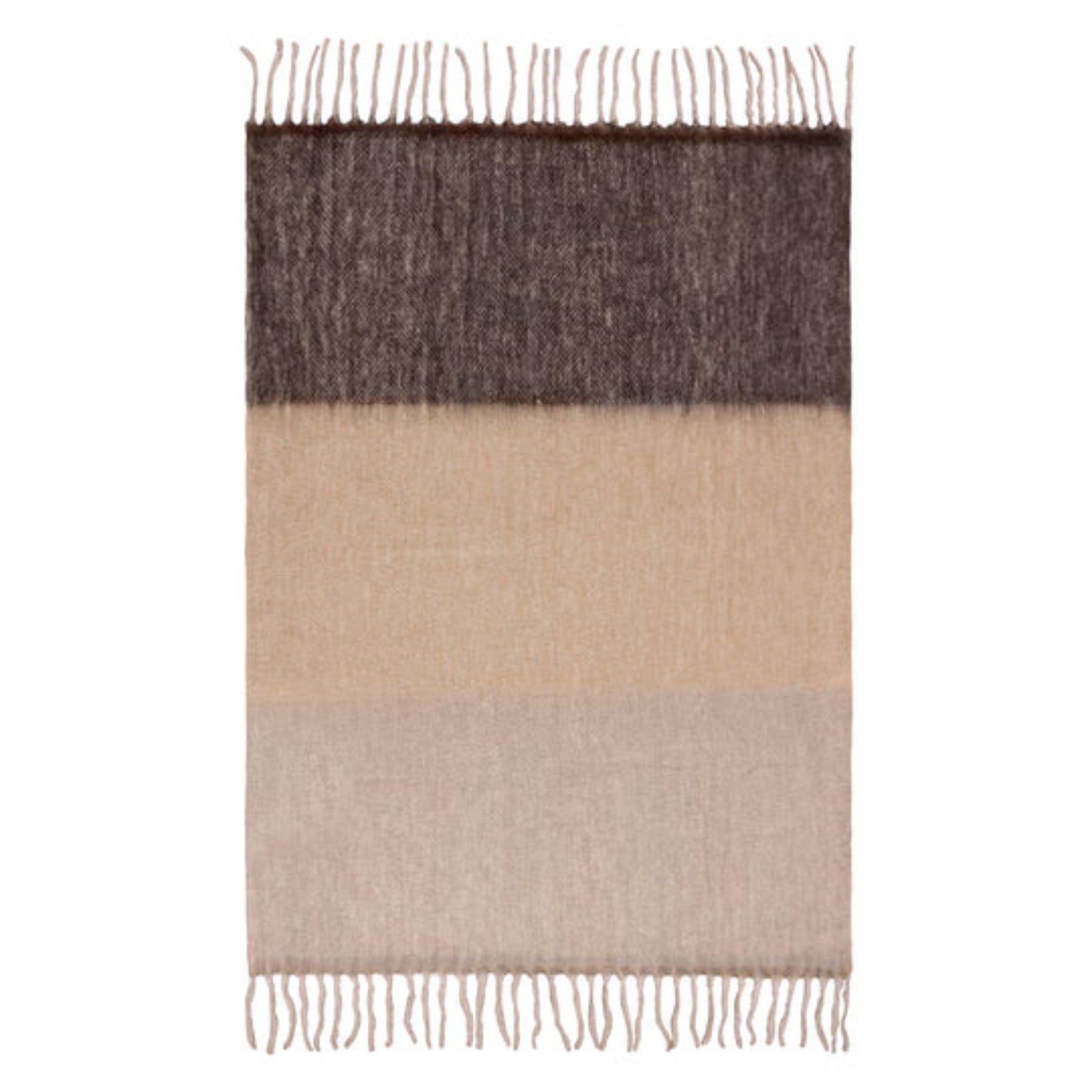 Ombre fringed wool blend throw with brown and beige colors on a white background