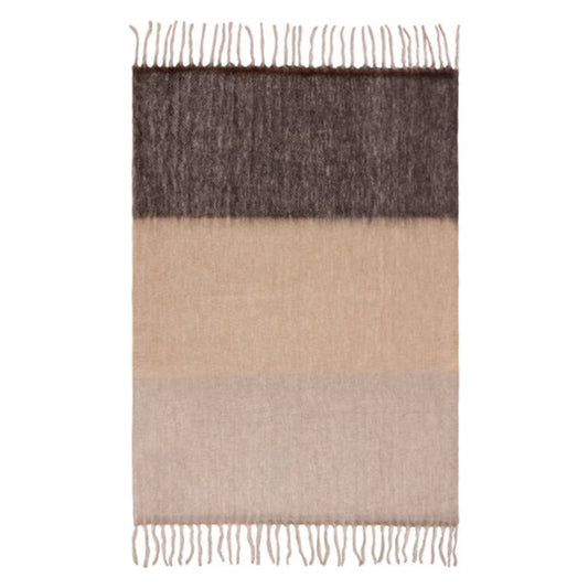 Ombre fringed wool blend throw with brown and beige colors on a white background
