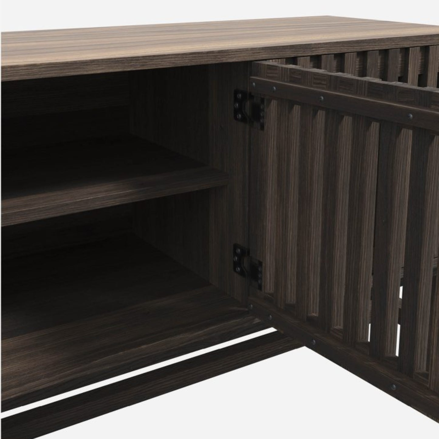 Wooden cabinet with open door and internal shelf on a white background