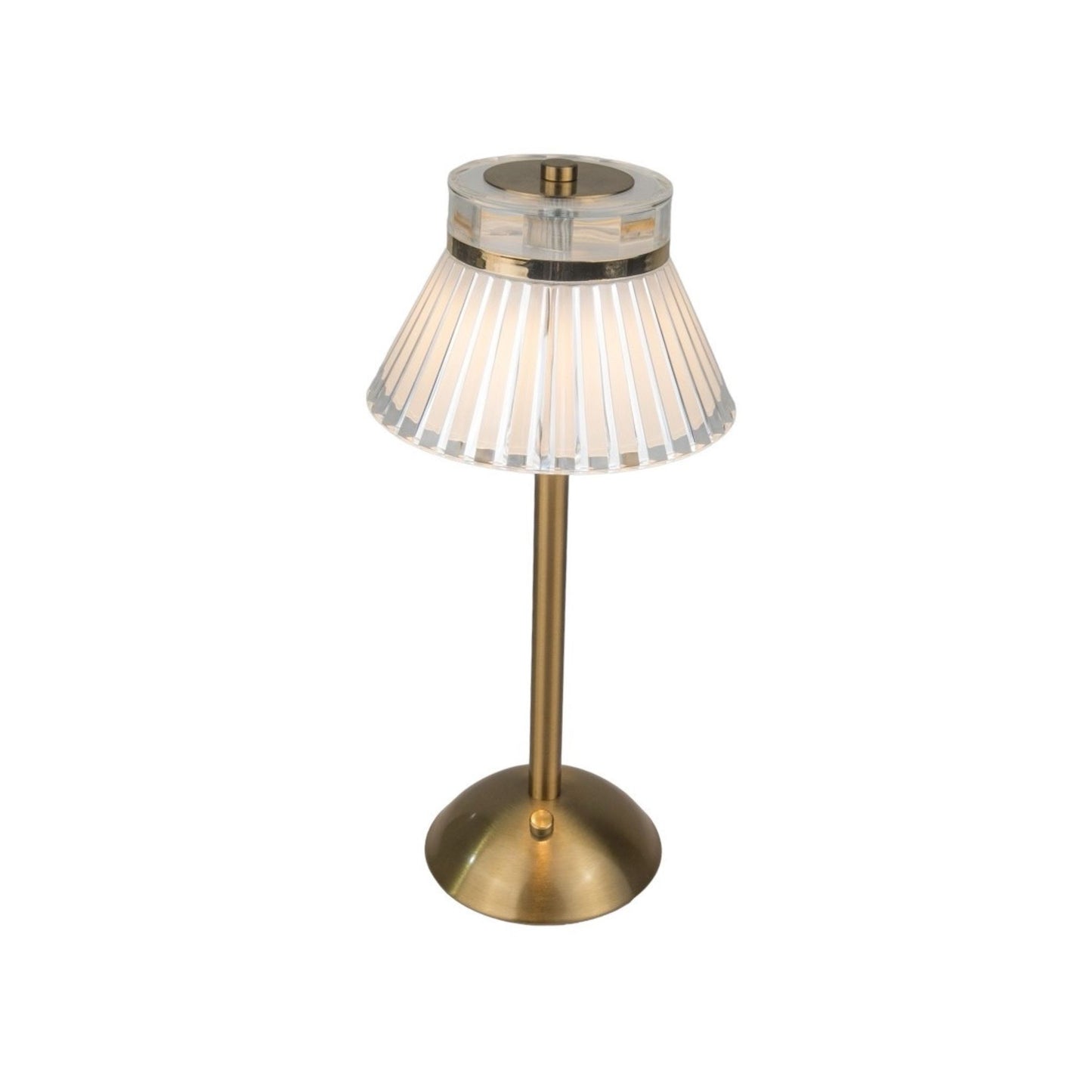 A LED gold metal and acrylic rechargeable table lamp with a pleated shade.