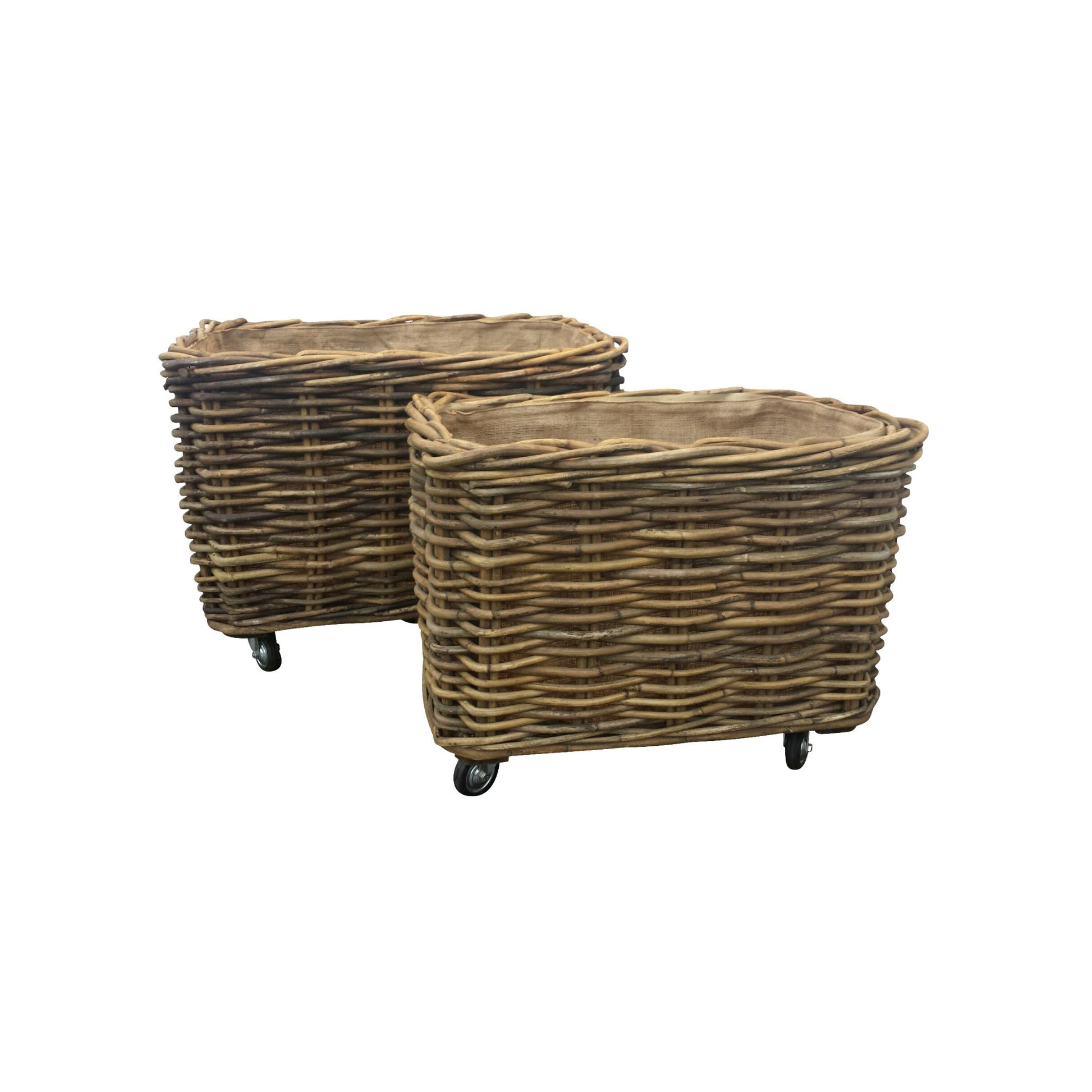 Rectangle large log baskets on wheels on white background