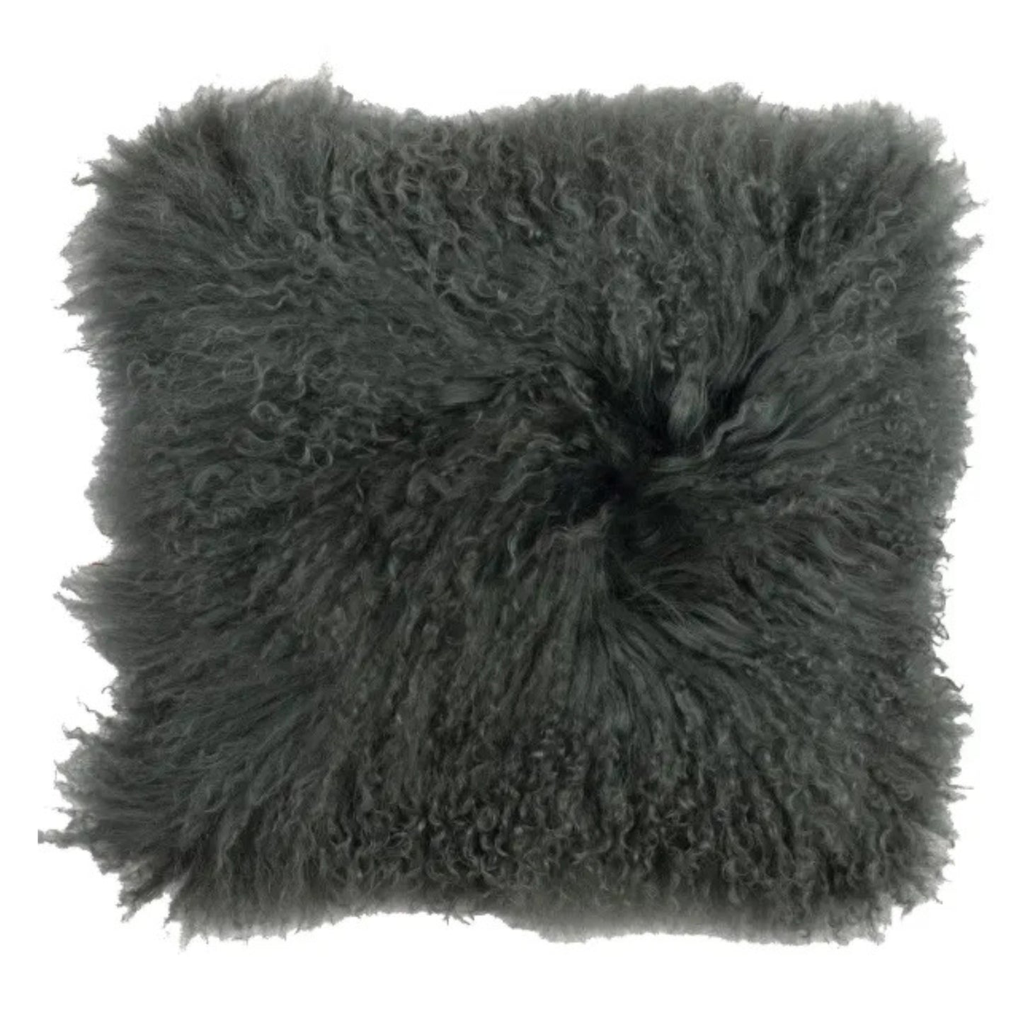 Fluffy mongolian wool sage green pillow cushion on a white background