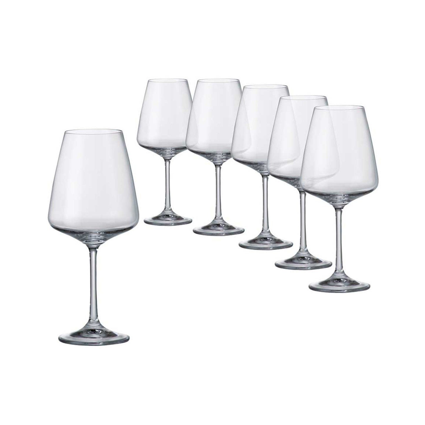 Set of six clear wine glasses on a white background