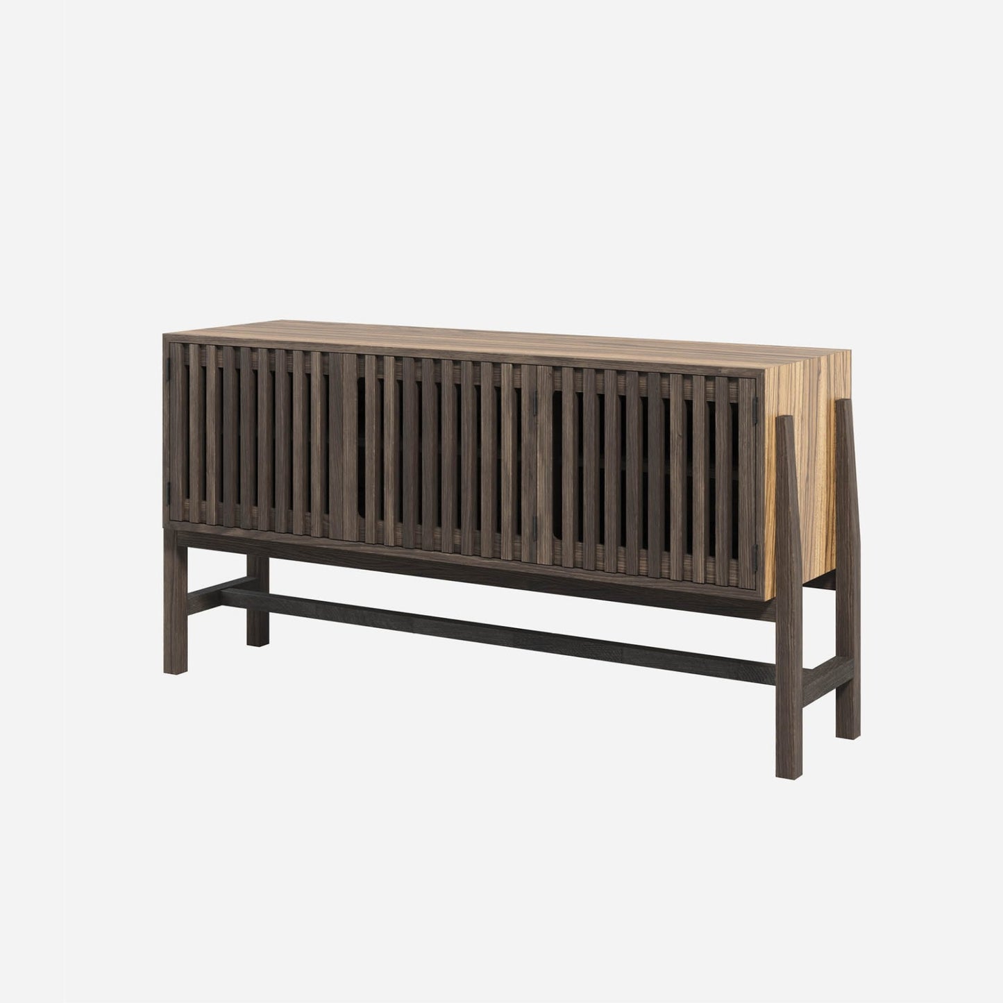 Wood sideboard with 3 slatted doors with a dark brown frame and light brown top on a white background