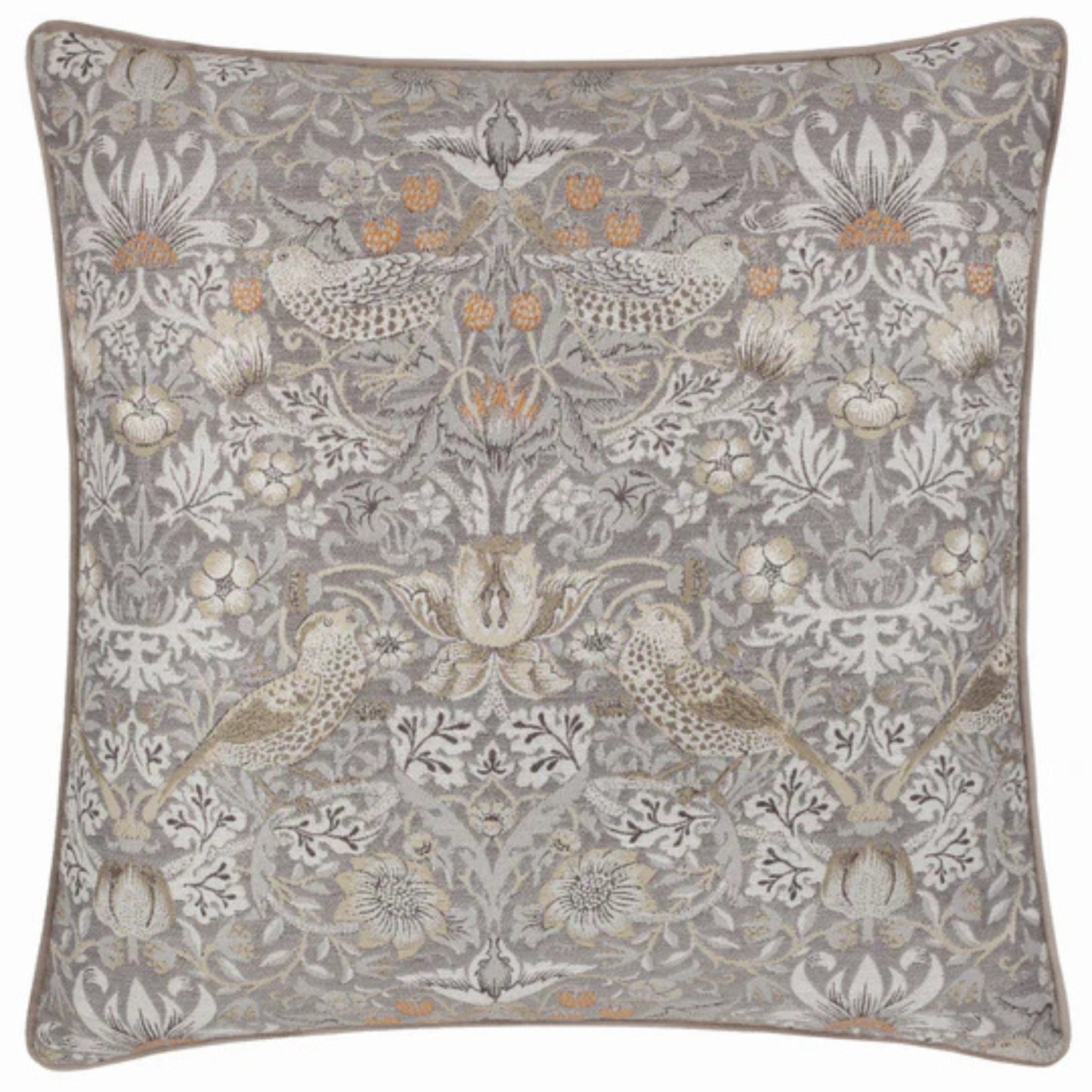 Decorative pillow with intricate pattern featuring birds and floral elements on a gray background