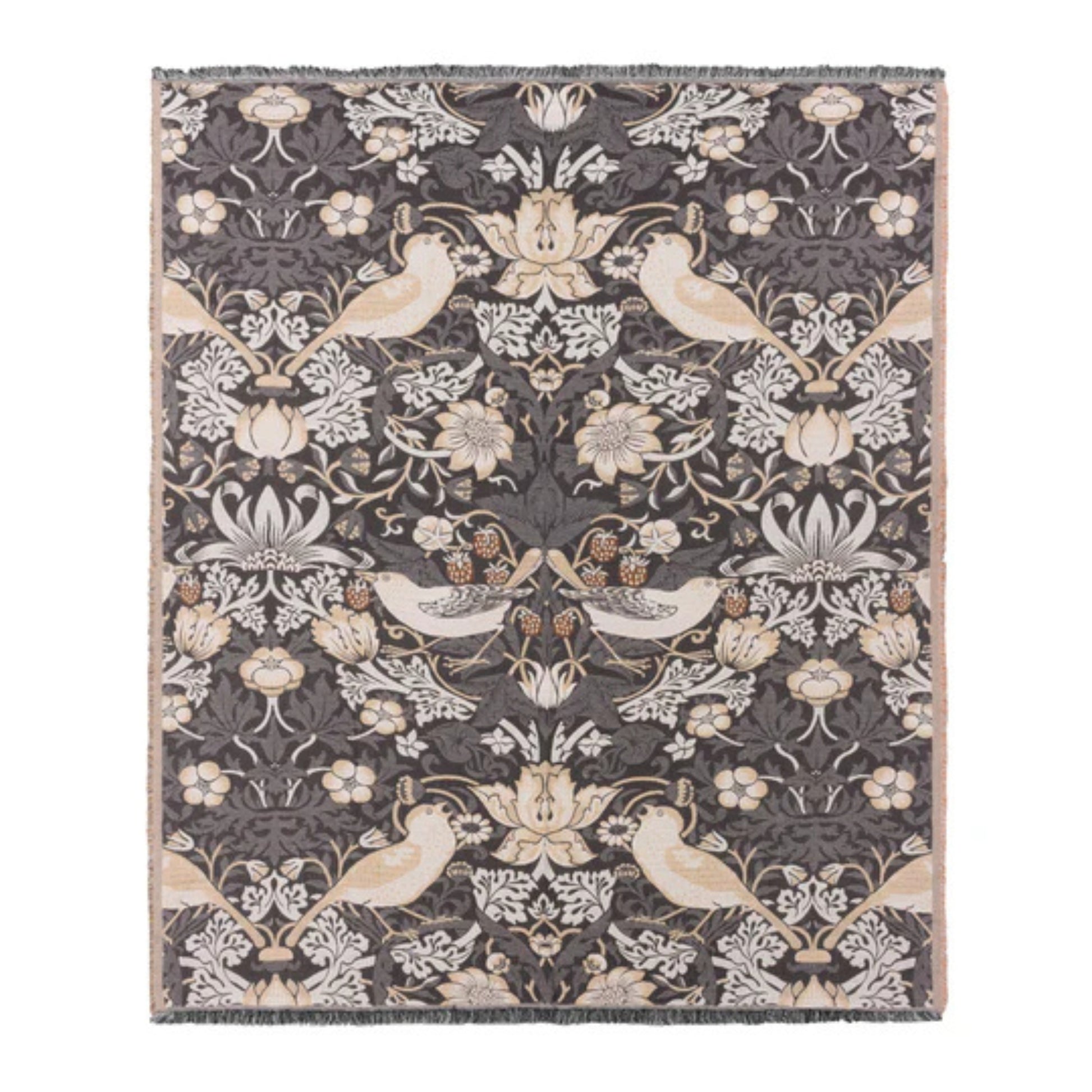 Open throw featuring a floral and bird pattern in biscuit tones on a dark fabric background