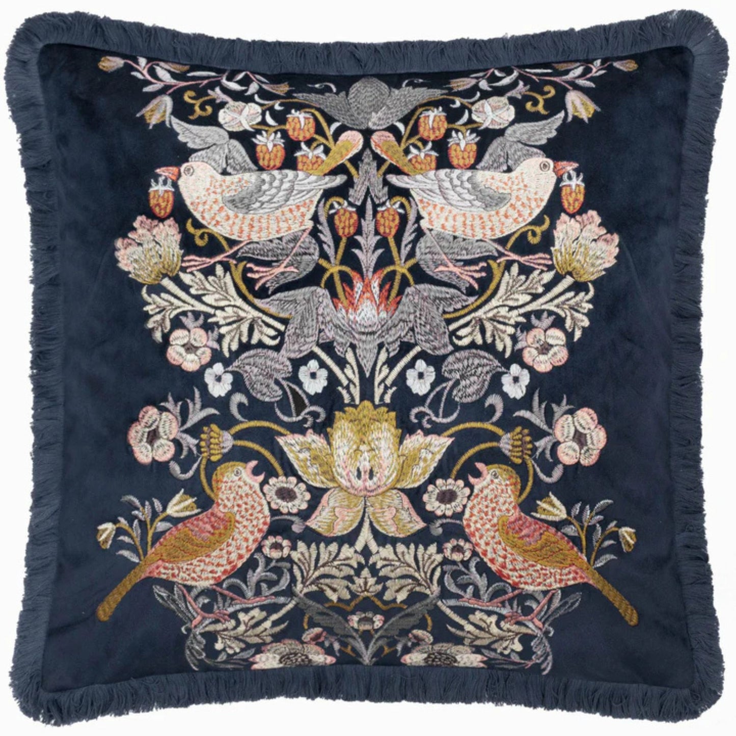 A square-shaped, indigo-colored velvet cushion with a floral and animal embroidery pattern, featuring a central bird and surrounding floral designs, finished with an accent fringed edging.