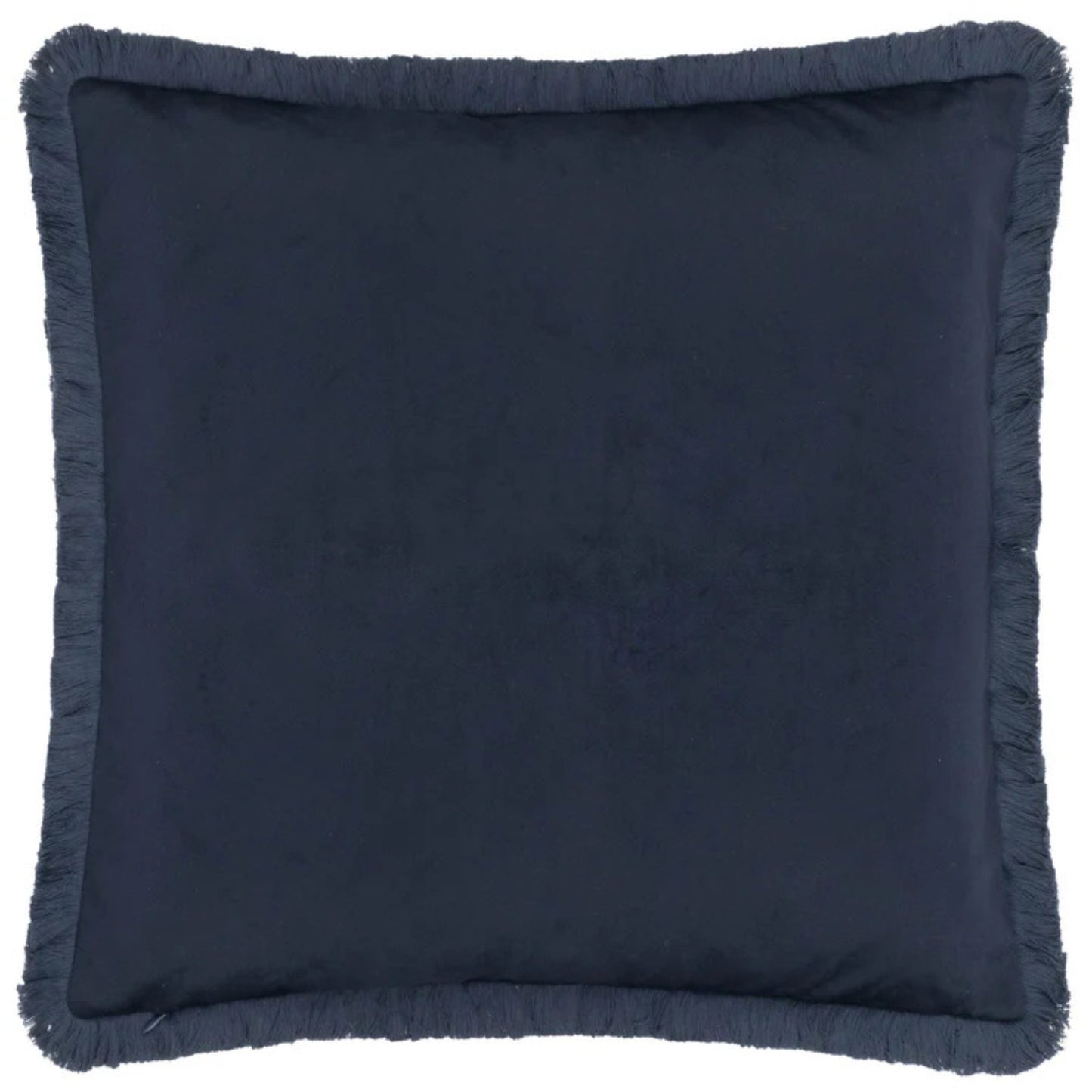 A square-shaped, indigo-colored velvet cushion, finished with an accent fringed edging.