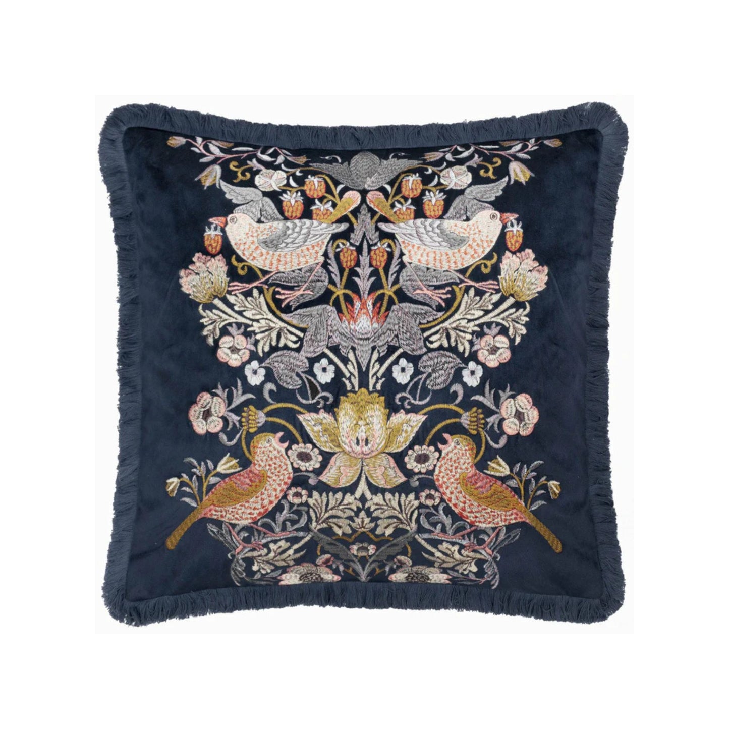 A square-shaped, indigo-colored velvet cushion with a floral and animal embroidery pattern, featuring a central bird and surrounding floral designs, finished with an accent fringed edging.