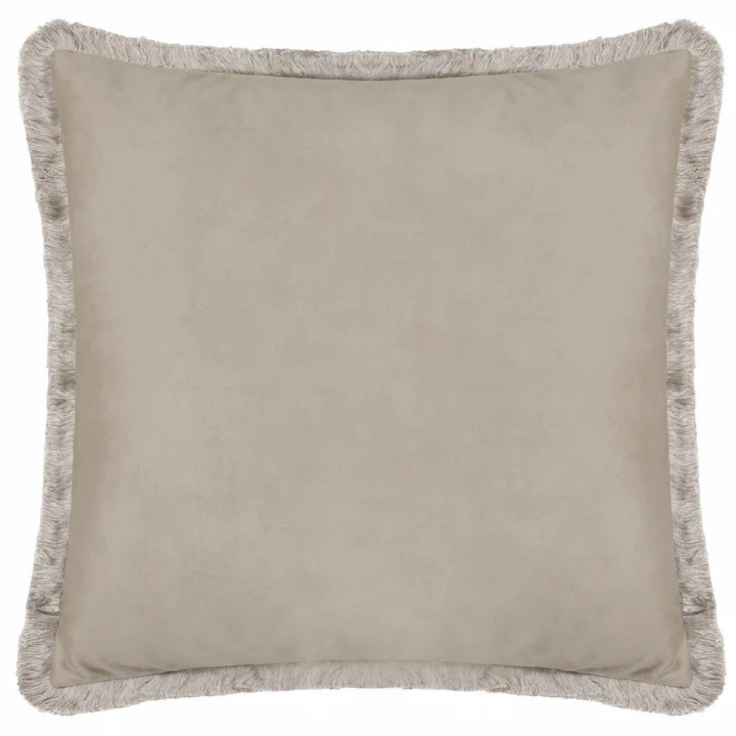 Biscuit coloured velvet back of fringed cushion on a white background.