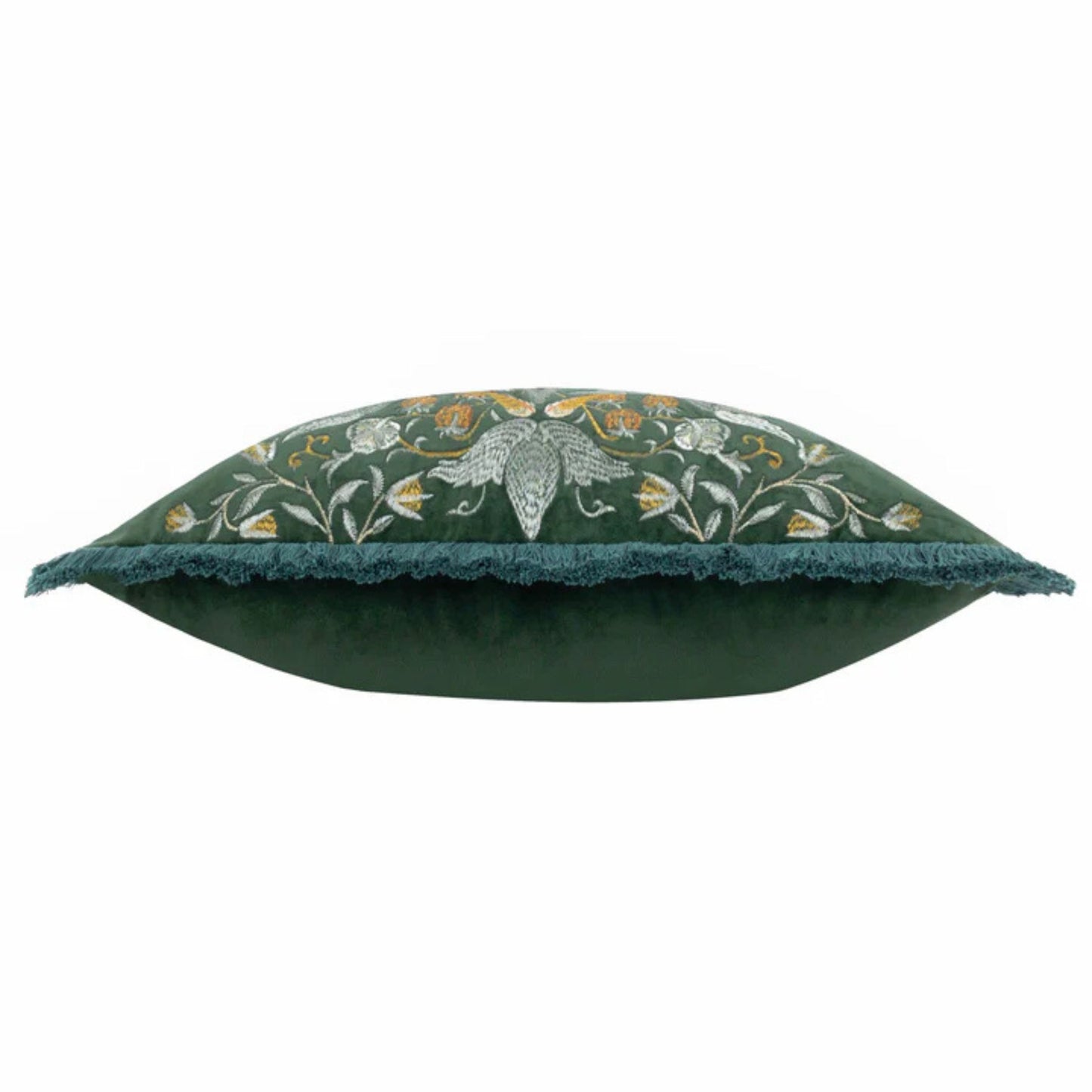 A square-shaped, forest green velvet cushion with a floral Strawberry Thief embroidered pattern and an accent fringed edging.